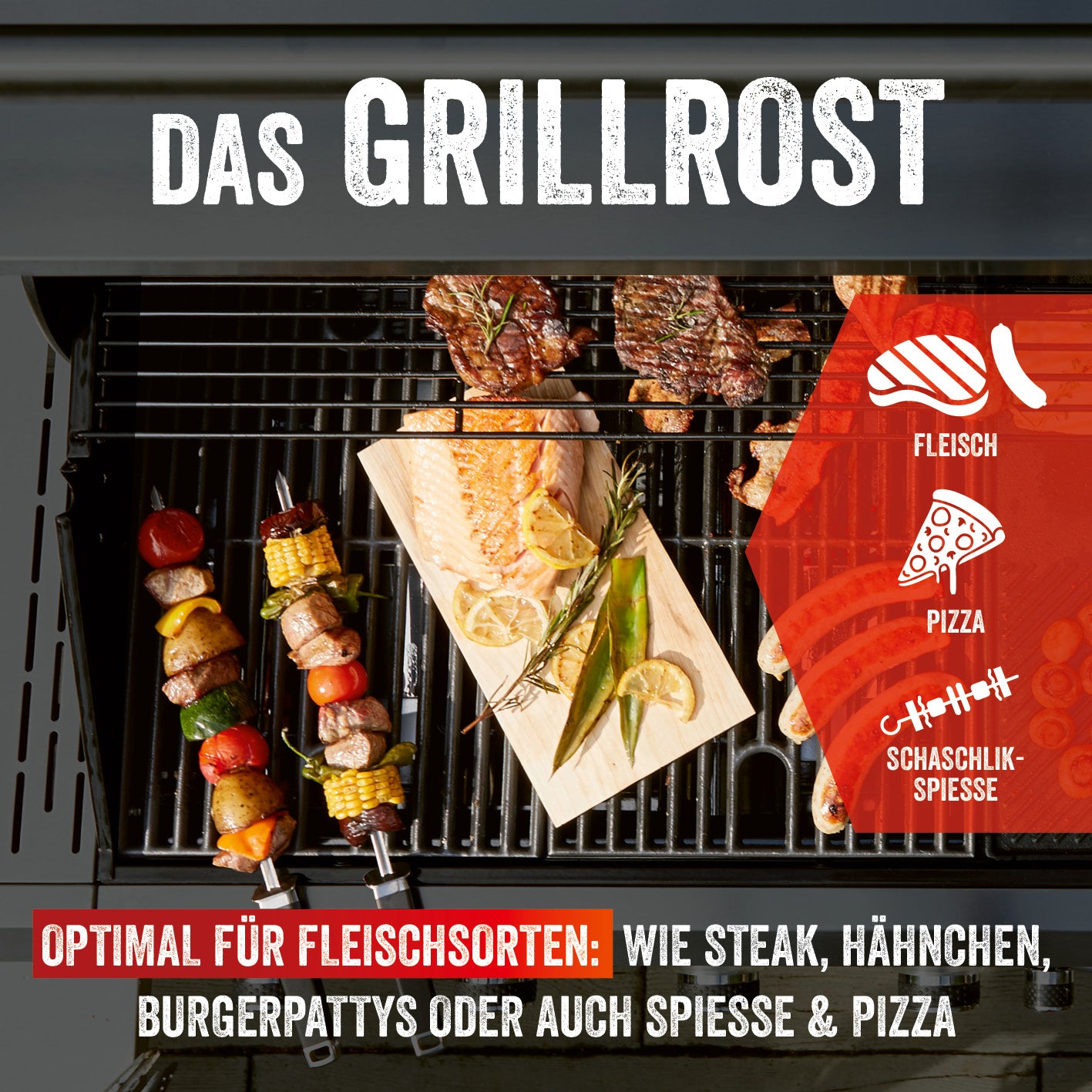 Gasgrill Rexon 6.1 cooK Edelstahl mit Grillrost, ideal für Fleisch, Pizza, Schaschlik, stufenlos einstellbare Brenner und integrierter Seitenbrenner.