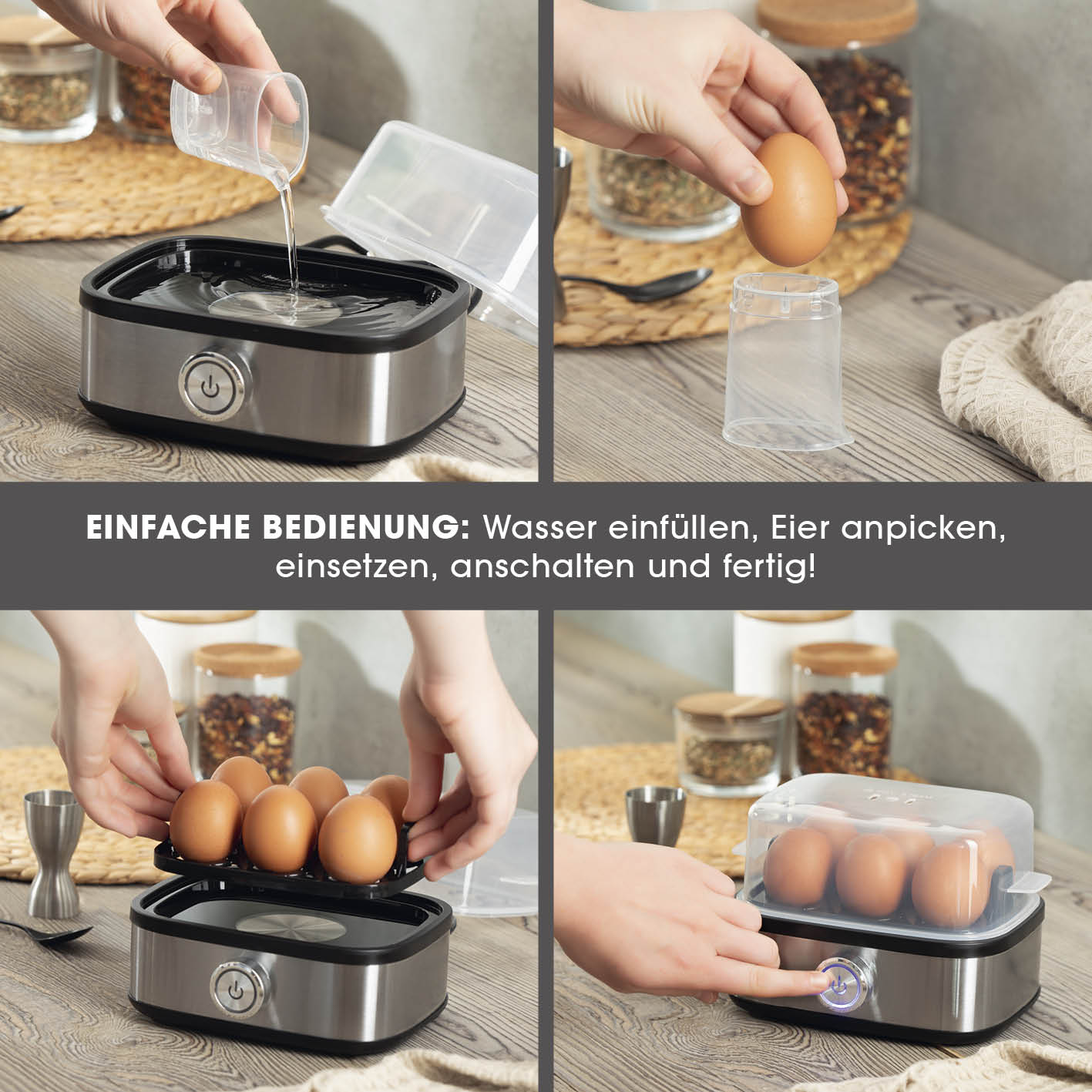 Design-Eierkocher für 6 Eier zeigt einfache Bedienung mit Wasser einfüllen, Eier anpicken, einsetzen und Kochen ohne Herd.