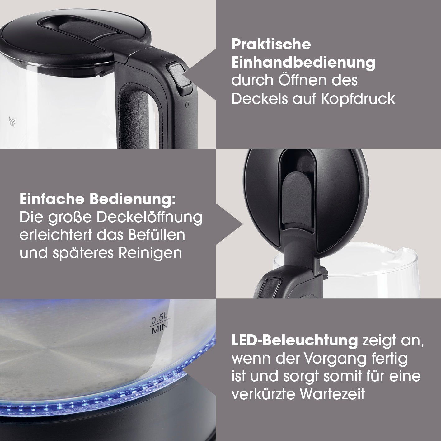 Glas-Wasserkocher LED - 1,7l - schwarz matt mit einfacher Einhandbedienung, großer Deckelöffnung und blauem LED-Effekt beim Wasserkochen.