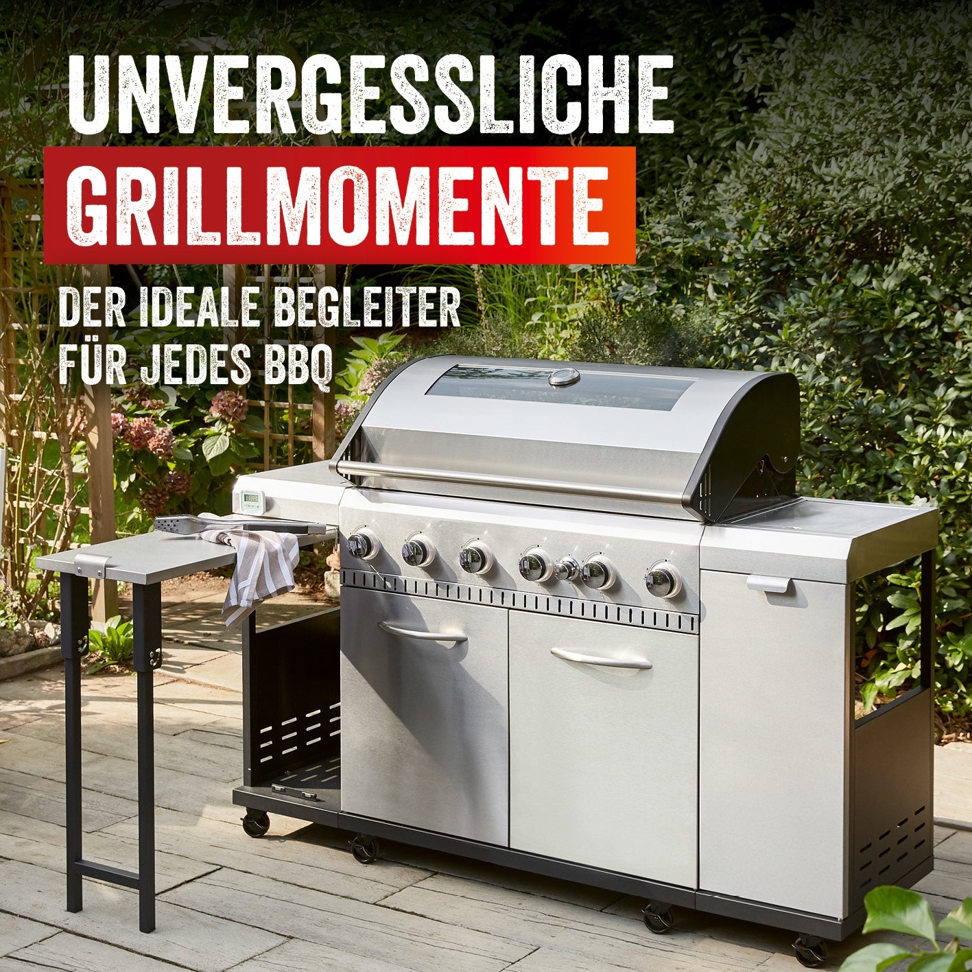 Gasgrill Rexon 6.1 cooK Edelstahl mit 6 Brennern, Seitenbrenner und ausklappbarem Seitentisch für perfektes BBQ.