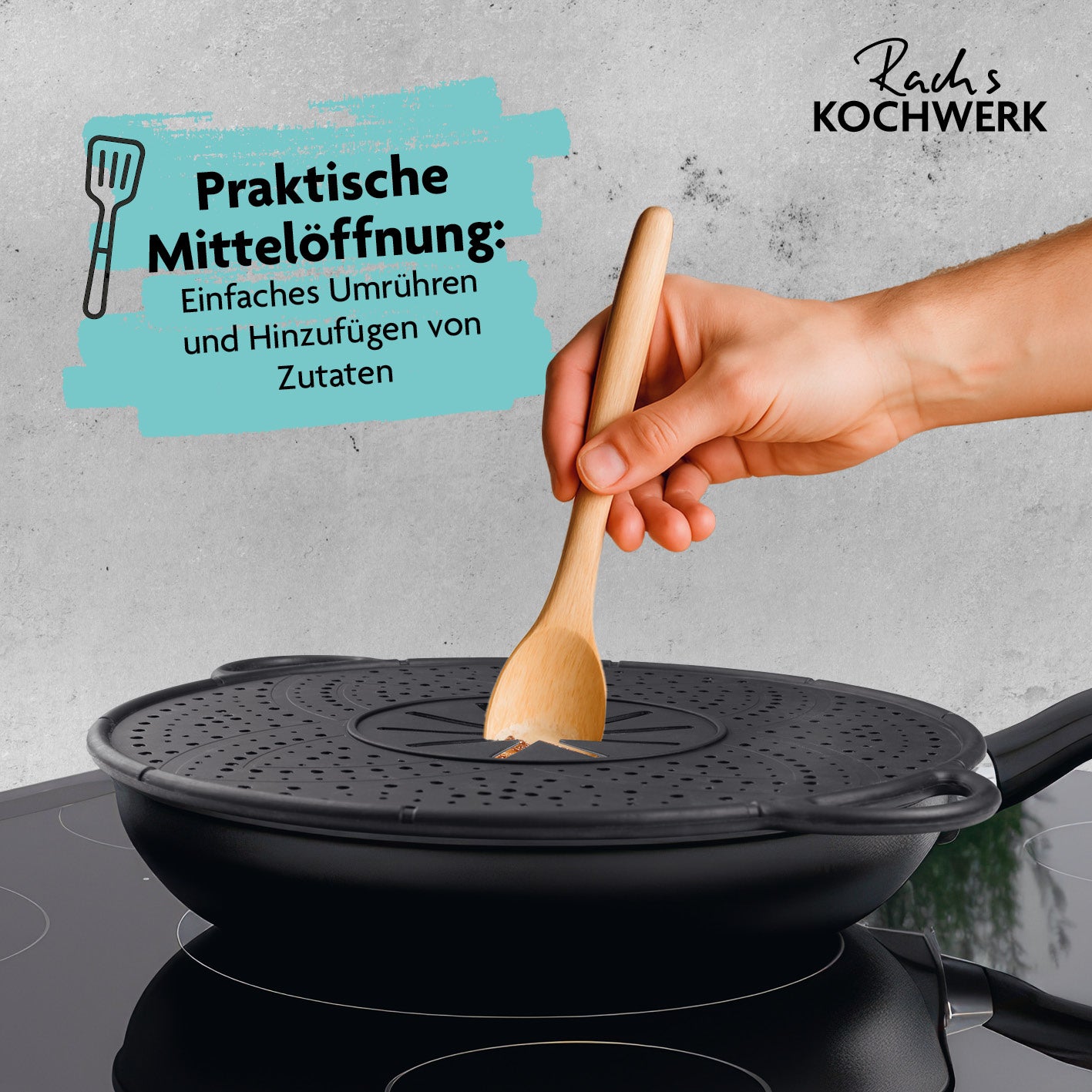 Silikon Spritzschutz 4-in-1 Ø 30 cm mit praktischer Mittelöffnung zum Umrühren und Zutaten hinzufügen beim Kochen.