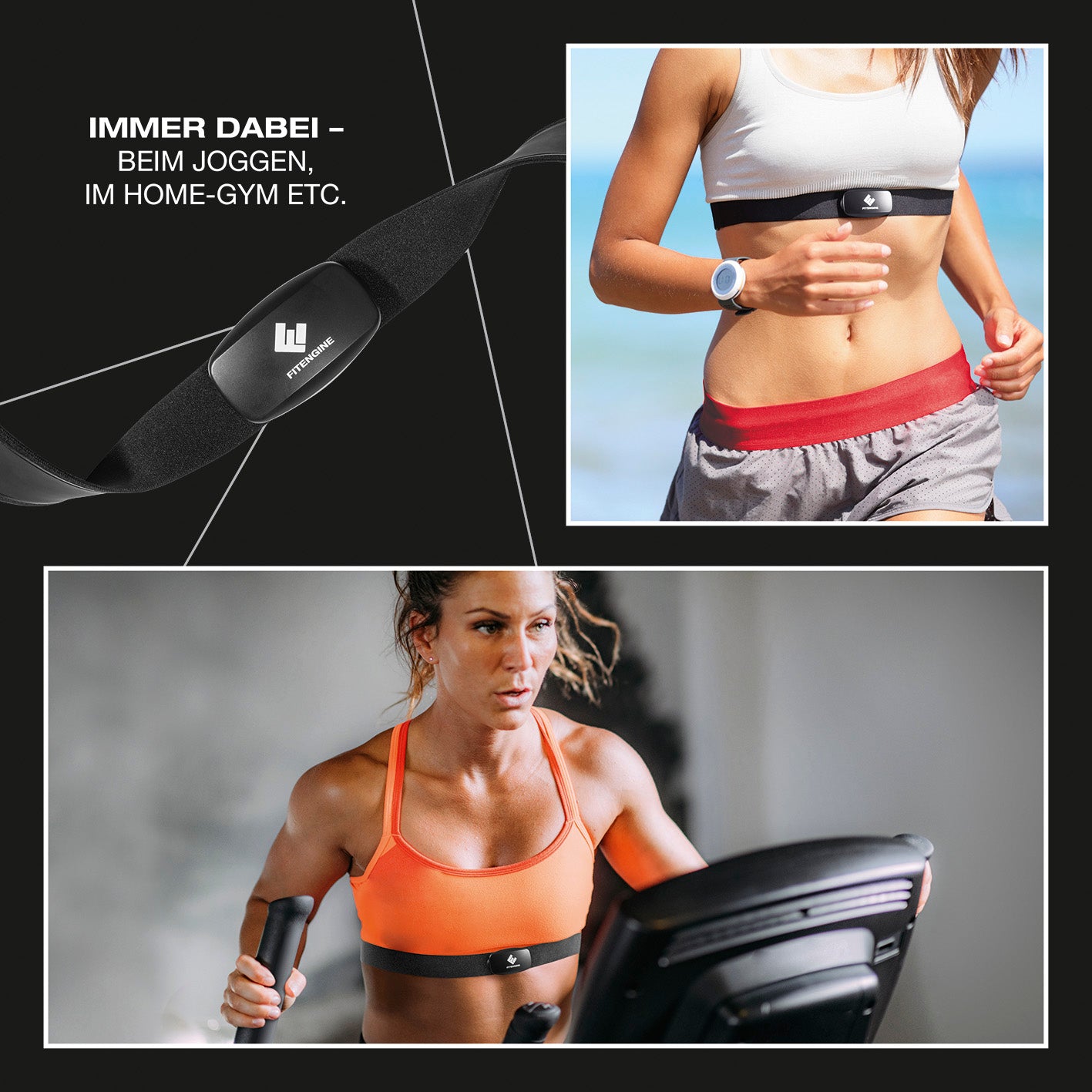 Herzfrequenzmesser mit Bluetooth, abnehmbarem Puls-Tracker und verstellbarem Textilgurt, ideal für Joggen und Heimtrainer.