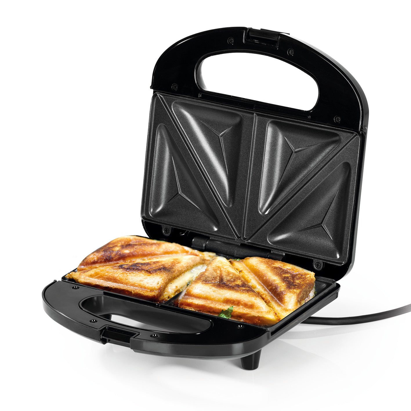 Sandwich Maker mit LED-Kontrollleuchte, toastet und halbiert 2 Sandwiches gleichzeitig, mit Antihaftbeschichtung und Antirutschfüßen.