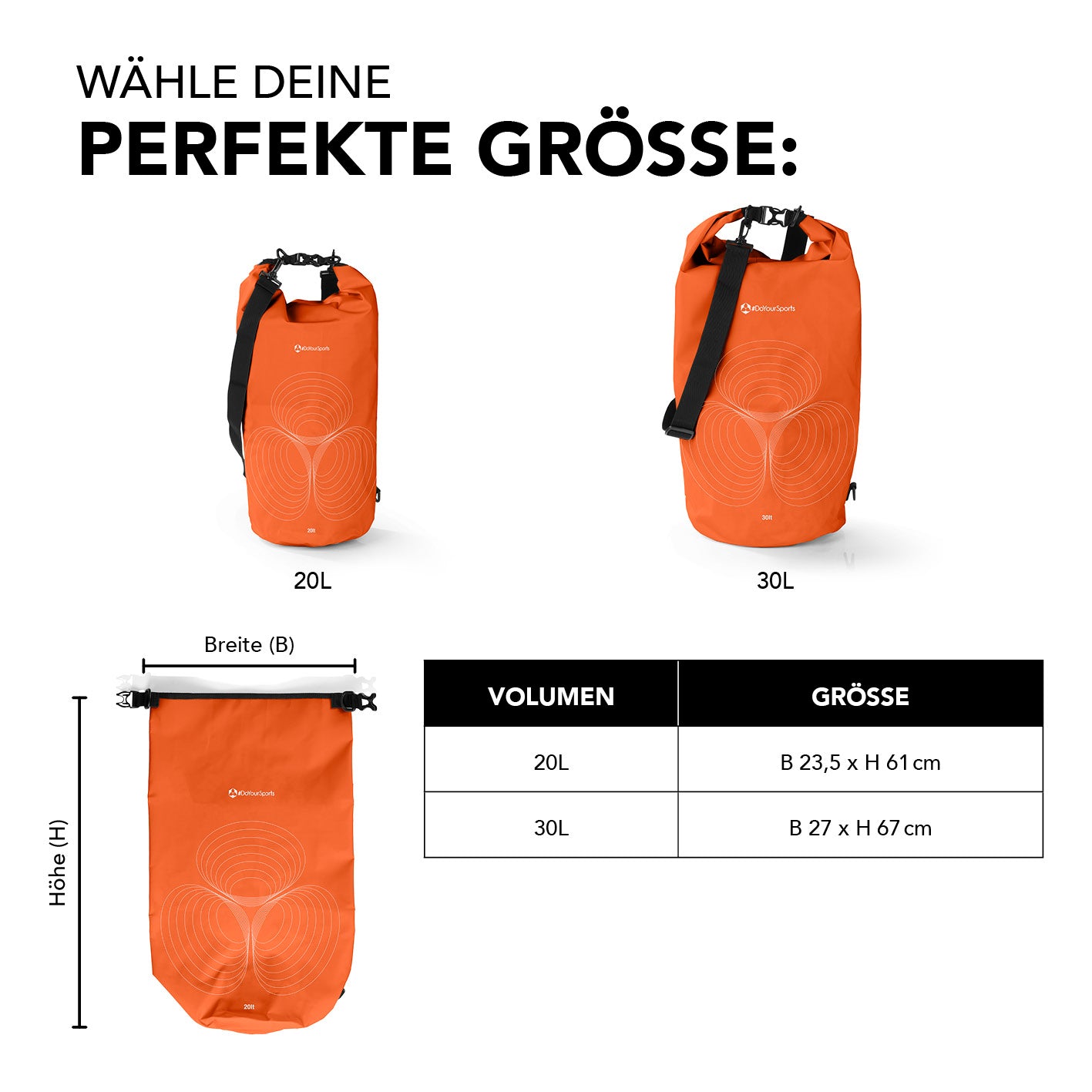 Dry Bag 30L - Orange, wasserdichter Outdoor-Rucksack mit robustem Rolltop, verstellbarem Gurt und UV-Schutz, ideal für Abenteuer.