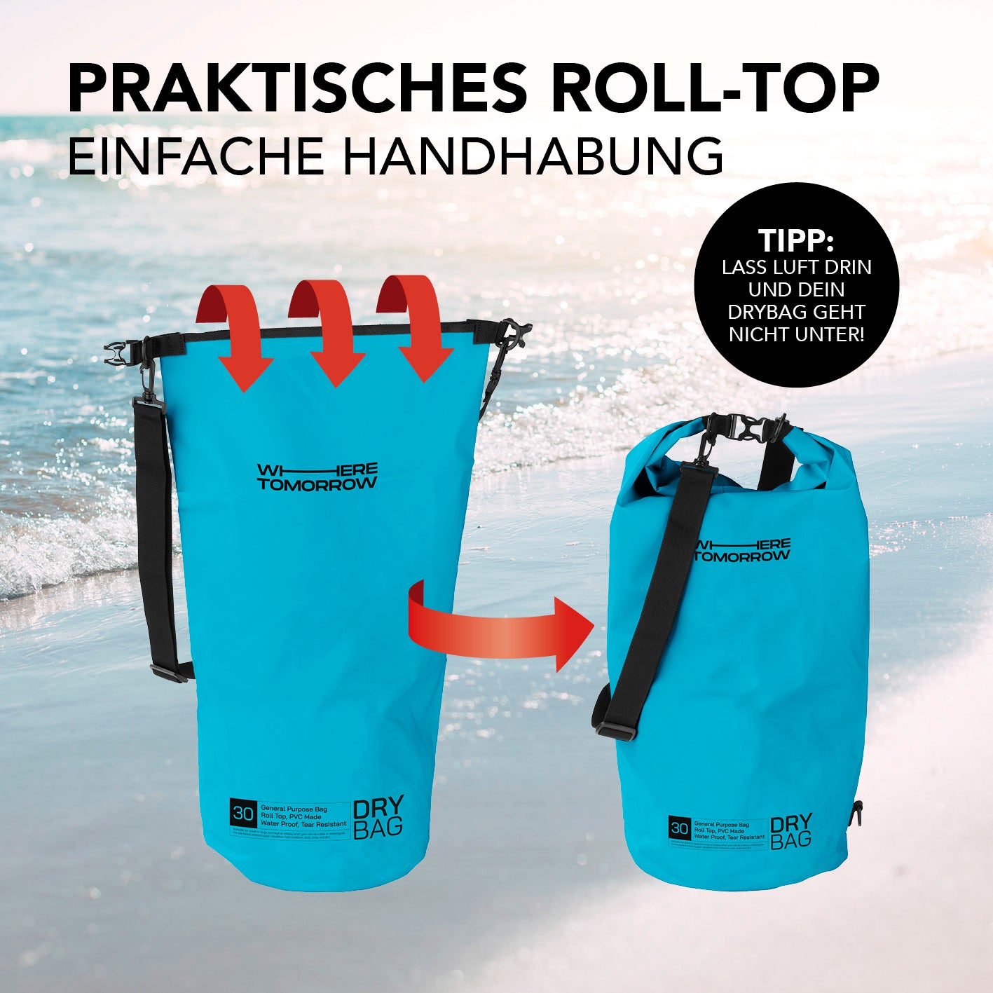 Dry Bag 30L - Style 01 - Himmelblau mit wasserdichtem Rolltop-Verschluss, UV-Schutz und verstellbarem Schultergurt für Outdoor-Abenteuer.