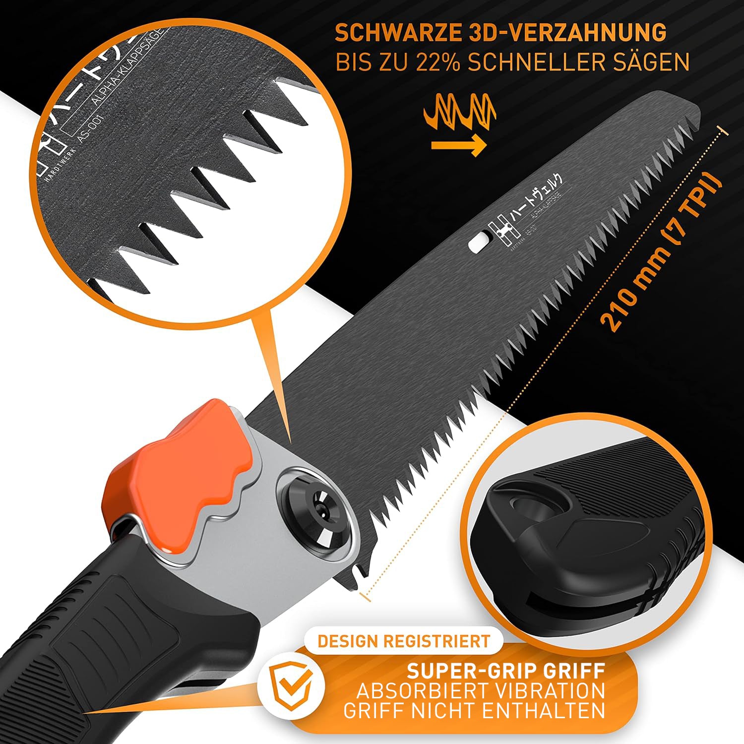 Ersatzsägeblatt für Japansäge ALPHA - 210 mm mit schwarzer 3D-Verzahnung, SK5-Karbonstahl und präziser deutscher Technik.