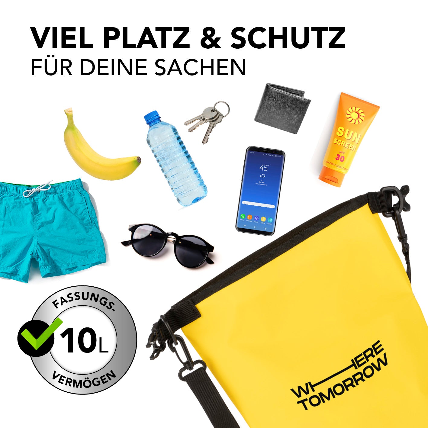 Dry Bag 10L - Style 01 - Gelb wasserdichter Outdoor-Rucksack mit 10L Volumen für sicheren Schutz von Wertsachen beim Camping und Paddeln.