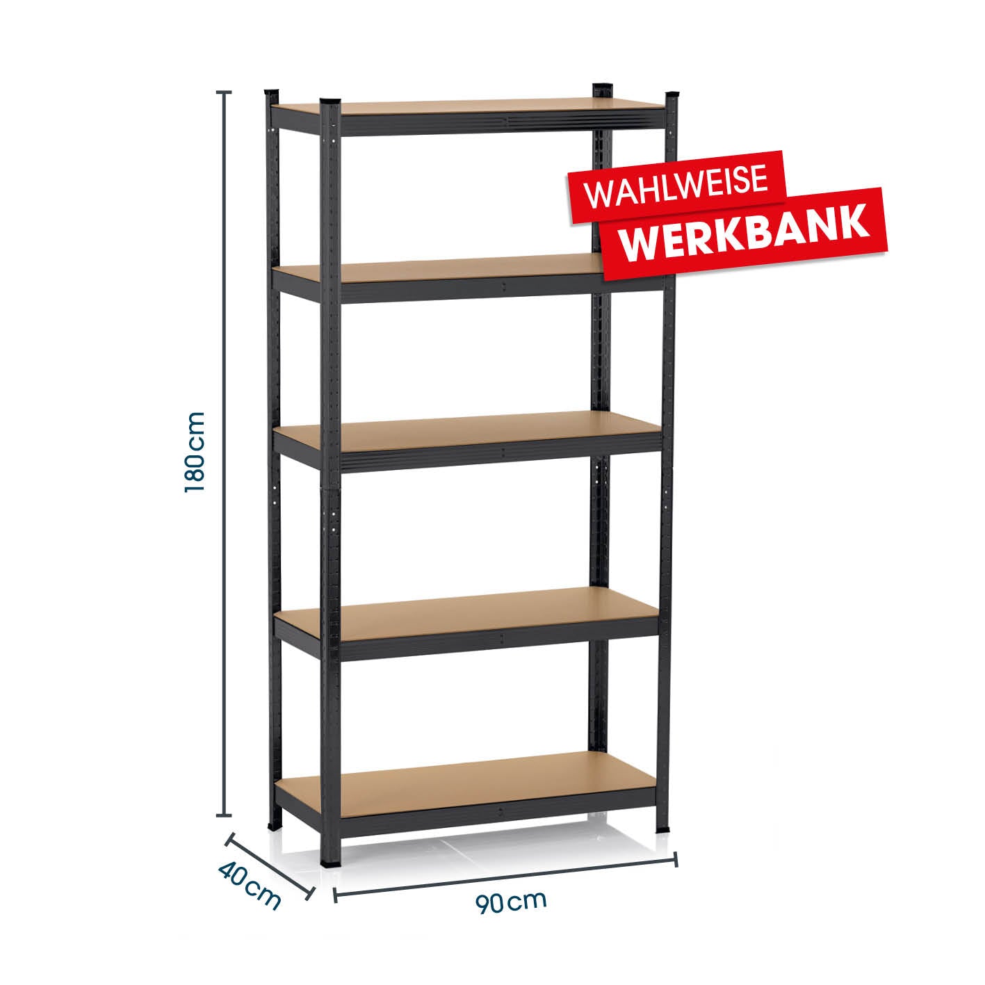 Schwerlastregal & Werkbank - 180 x 90 x 40 cm - 875 kg Traglast, 175 kg pro Ebene mit 5 stabilen MDF-Platten und Metallrahmen.