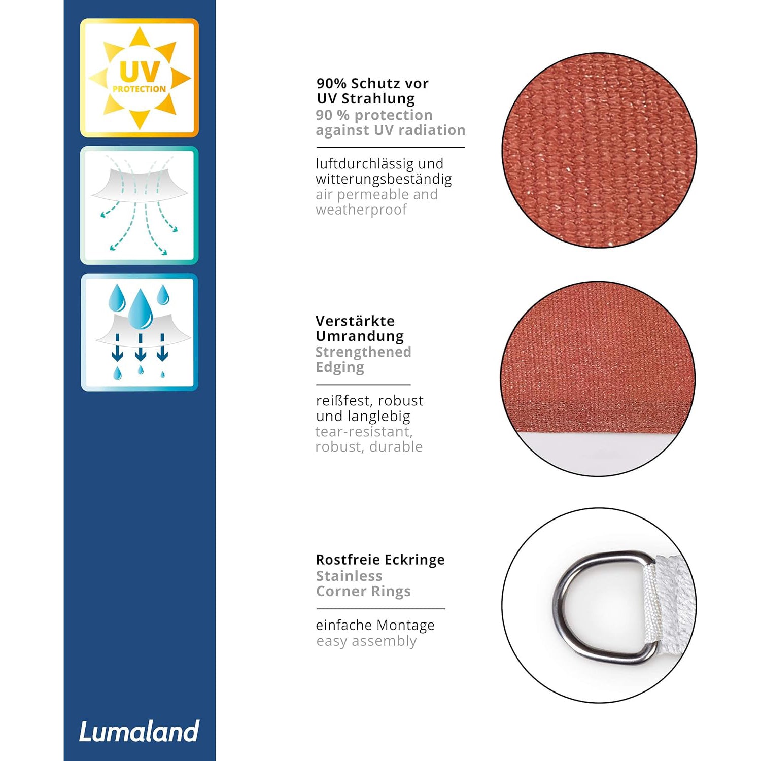 Sonnensegel 100% HDPE - Dreieck 3 x 3 Meter - Terracotta mit UV-Schutz, verstärkter Umrandung und rostfreien Eckringen für einfache Montage.