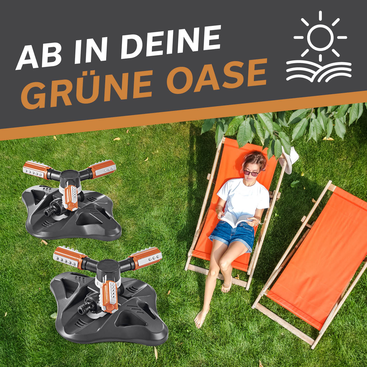 360°-Gartensprinkler - 2er-Set mit 3 rotierenden Armen und individuell einstellbarer Bewässerung für 75–150 m² Gartenfläche.