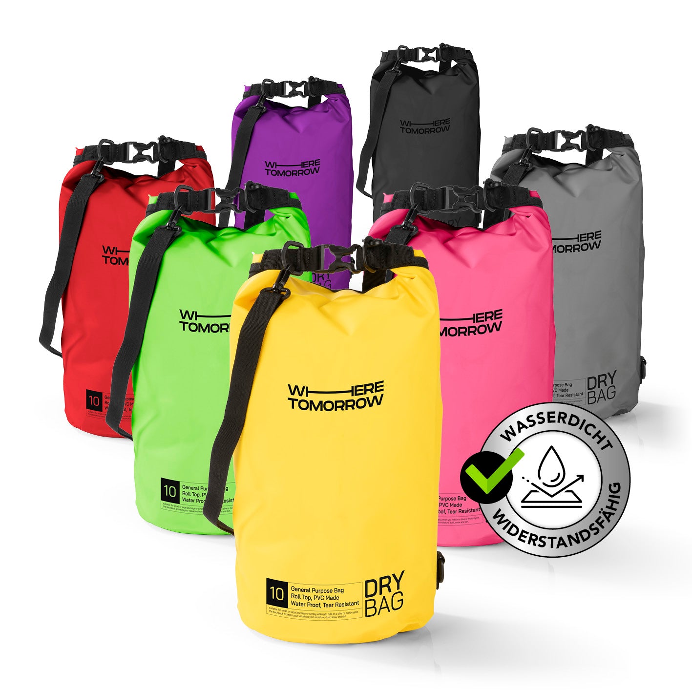 Dry Bag 10L - Style 01 - Gelb wasserdichter, robuster Outdoor-Rucksack mit Rolltop-Verschluss und verstellbarem Schultergurt von Where Tomorrow.