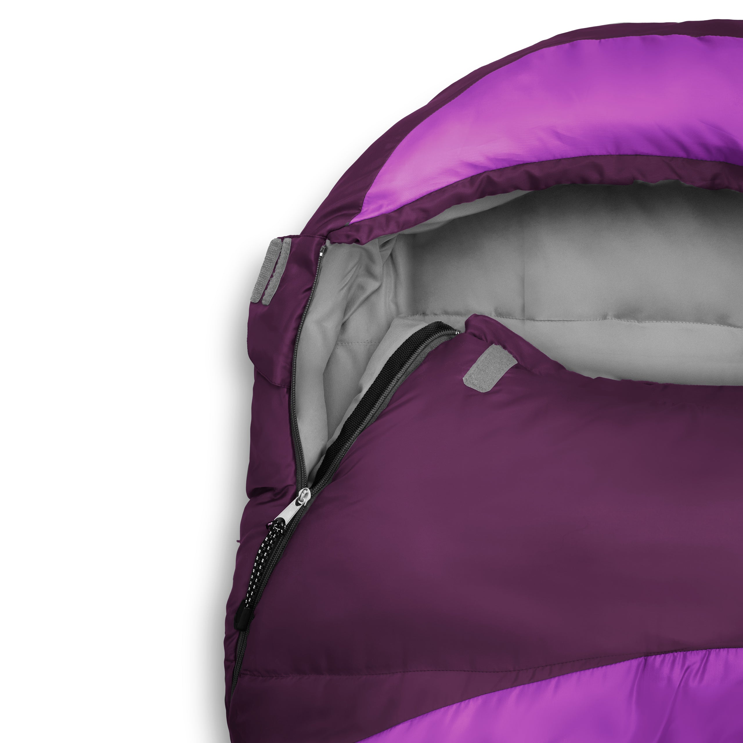 Camping Schlafsack Small & Light lila mit wasserabweisendem Material, Konturkapuze, Wärmekragen und praktischem Packsack.