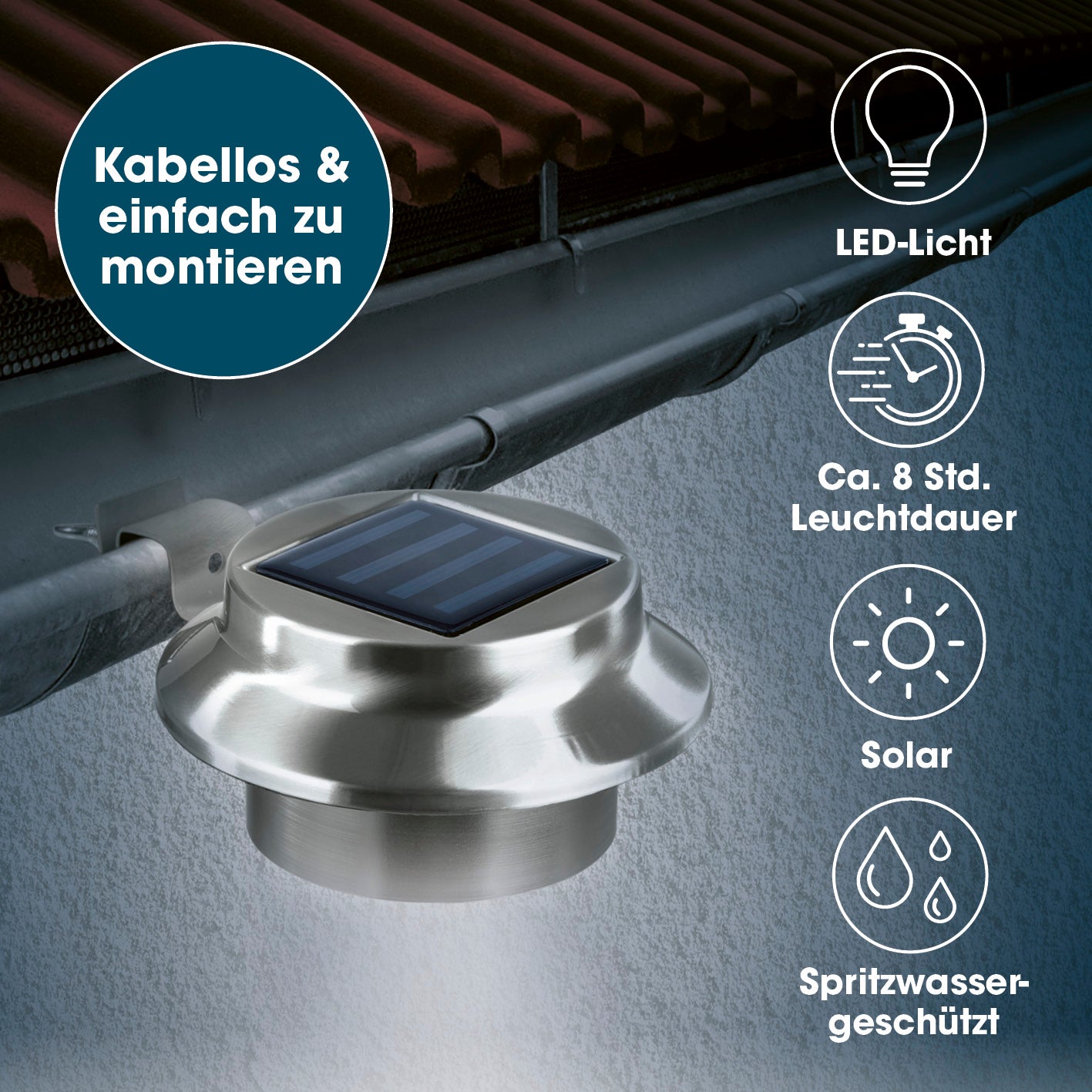 Solar Dachrinnenleuchten in Edelstahl, 3er-Set, mit LED-Licht, Solarpanel, Spritzwasserschutz und 8 Stunden Leuchtdauer.