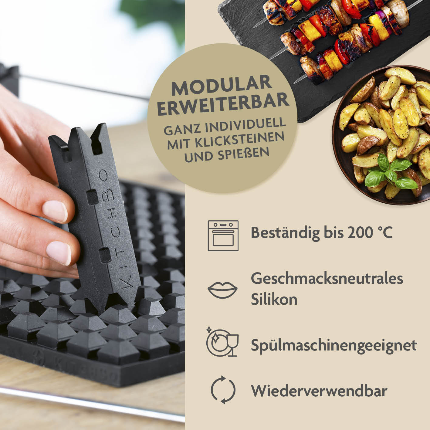 Starter Set Deluxe Silikon-Backmatte mit modularen Klicksteinen und Spießen, hitzebeständig bis 200 °C, spülmaschinenfest und wiederverwendbar