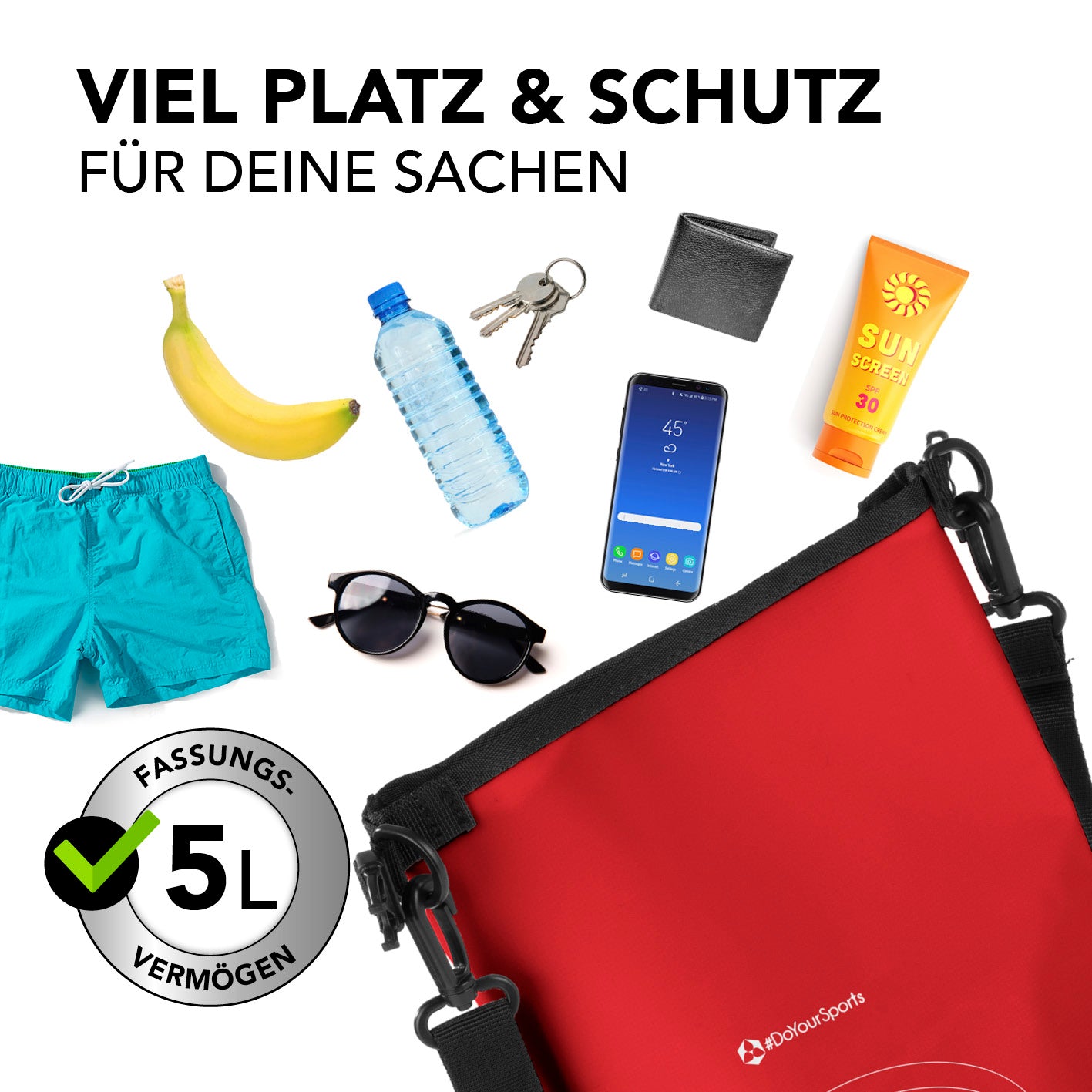 Dry Bag 5L - Rot wasserdichter Outdoor-Rucksack mit 5L Fassungsvermögen und UV-Schutz für Camping, Paddling und Alltag.