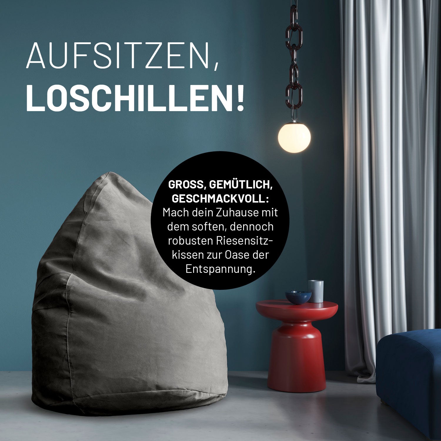 Luxury XL PLUS Sitzsack (220 L) Grau, großes, gemütliches Sitzkissen aus robustem Material für entspanntes Sitzen und Chillens indoor.