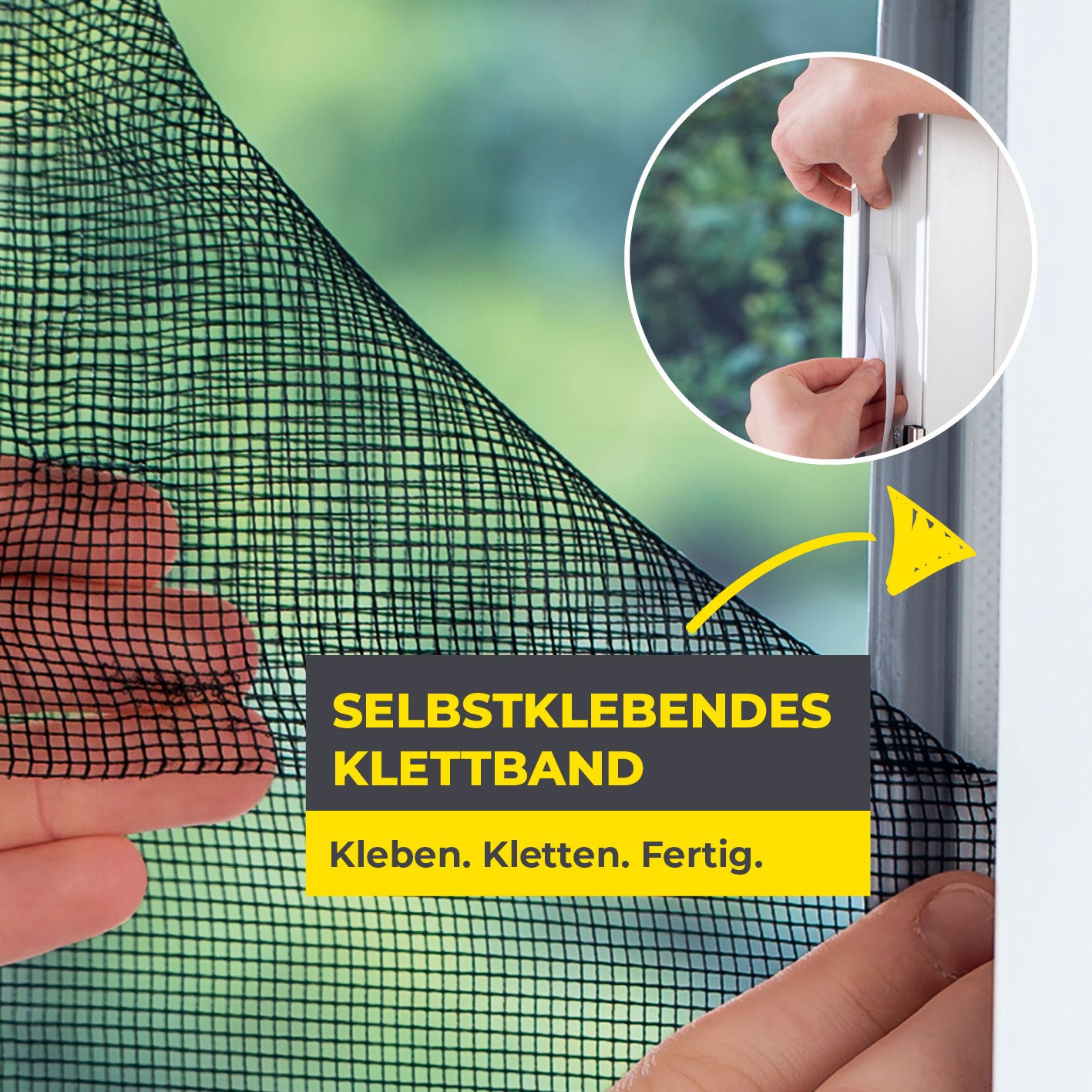 Insektenschutzgitter mit Klettbefestigung mit selbstklebendem Klettband für einfache, bohrfreie Montage am Fensterrahmen.