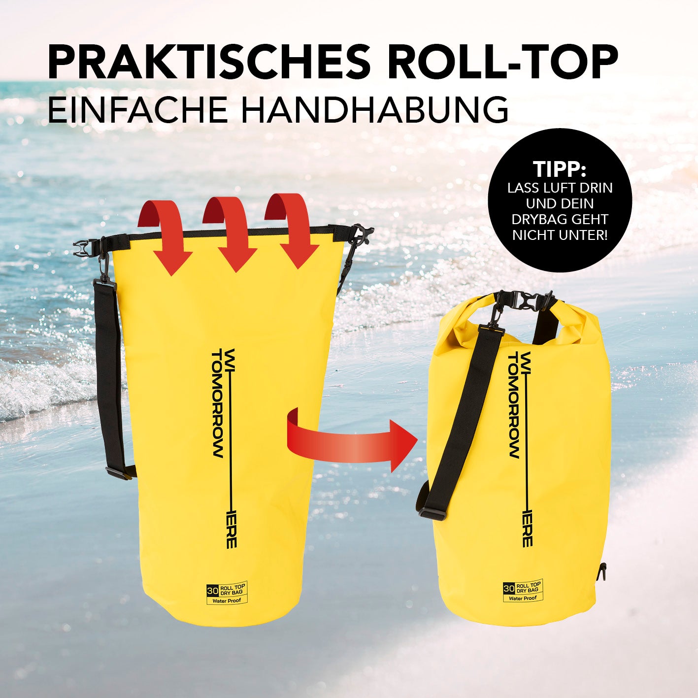 Dry Bag 30L - Style 01 - Gelb wasserdichter, robuster Rolltop-Rucksack mit verstellbarem Schultergurt für Outdoor-Abenteuer.