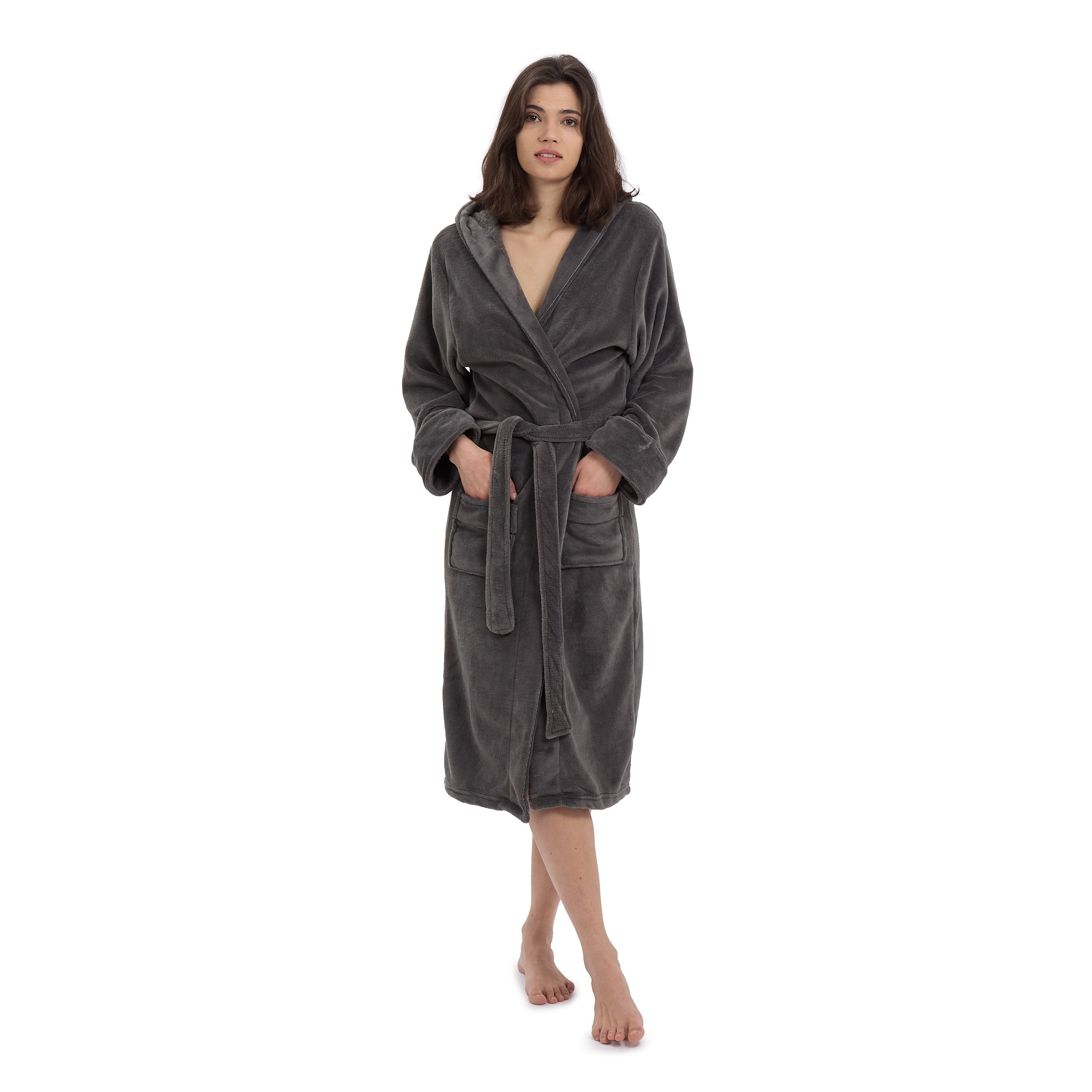 Luxury Mikrofaser Bademantel mit Kapuze für Damen und Herren in Grau, Größe XXL, wärmt, saugstark und schnelltrocknend.