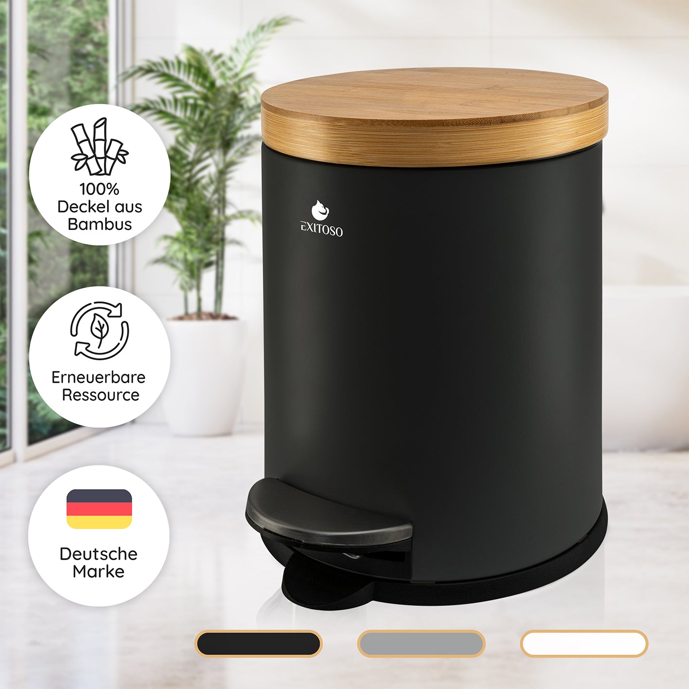 Tretmülleimer mit Softclose-Deckel - 5 l - Schwarz, matt, Bambusdeckel, Antirutsch, geräuschlos schließend, kompakt und praktisch.