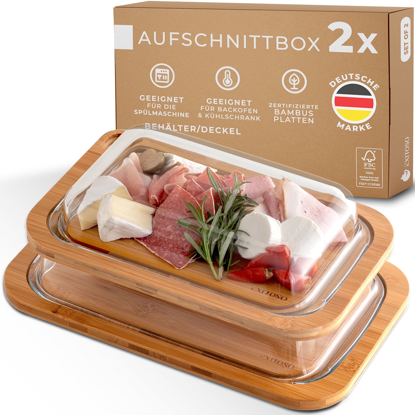 Multifunktionsbrett mit Glaskuppel - 2er Set aus nachhaltigem Bambus und Glas, stapelbar, plastikfrei, für frische Lebensmittel.