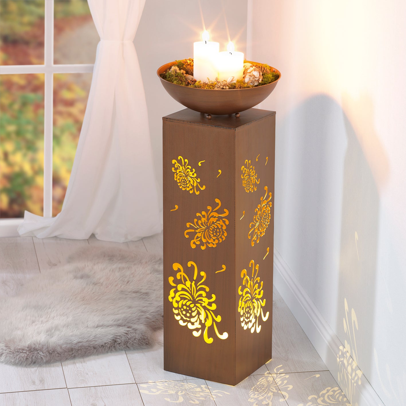 LED-Dekosäule mit Planzschale Rost-Optik "Bauernrose" 87 cm, beleuchtet, floral, für Wohnzimmer, Terrasse, batteriebetrieben mit Timerfunktion.