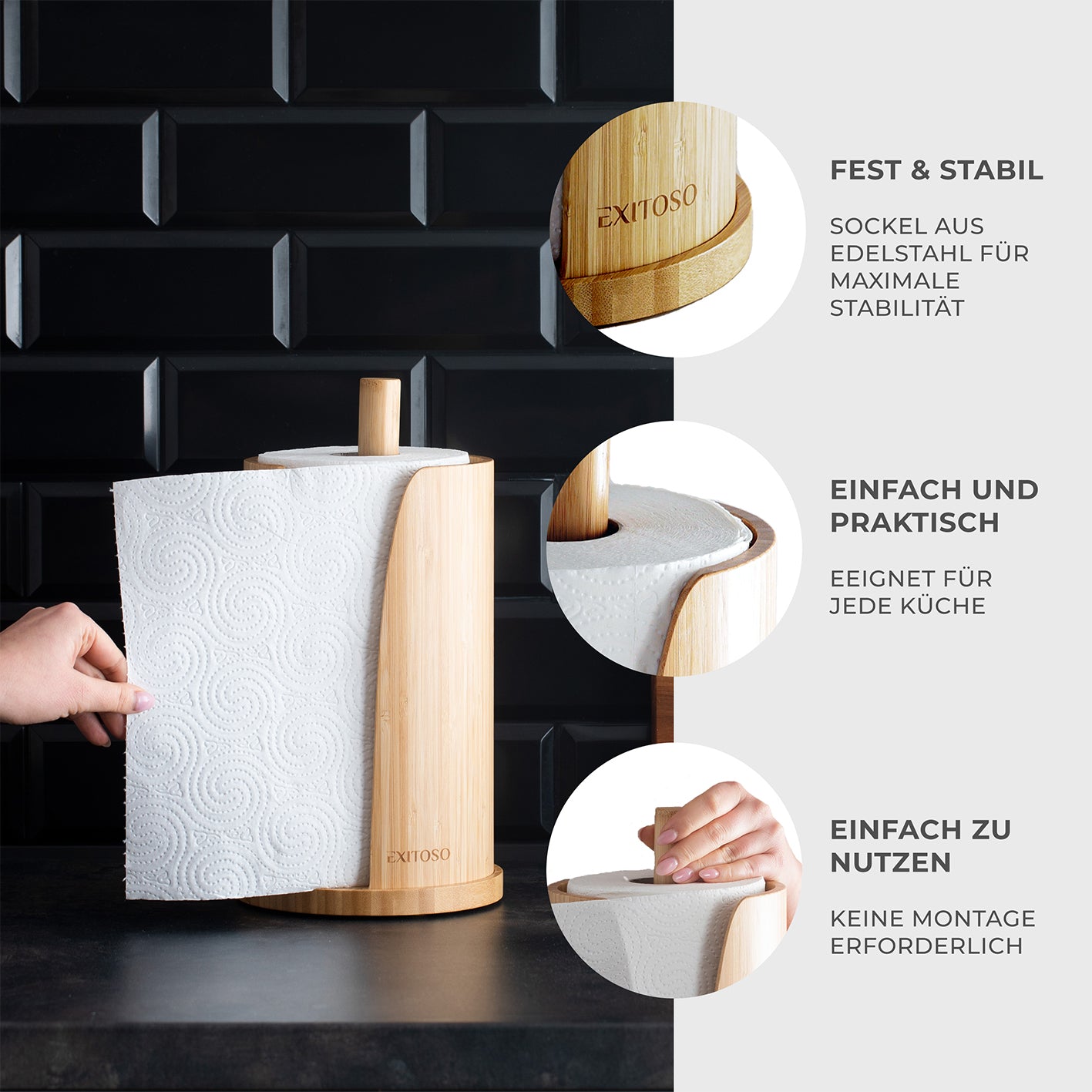 Küchenrollenhalter - Bambus - stehend aus nachhaltigem Bambus mit stabilem Edelstahl-Sockel, praktisch und platzsparend für jede Küche.