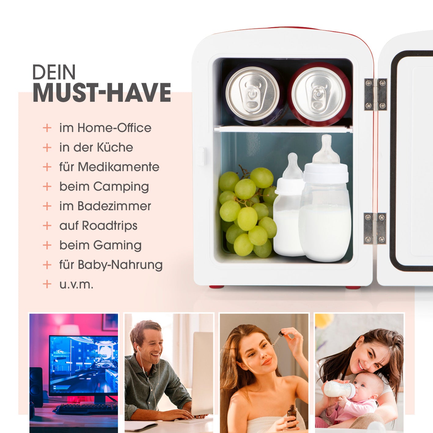 Mini-Kühlschrank Retro 45W Rot mit 4 Liter Volumen, kühlt und wärmt, ideal für Getränke, Baby-Nahrung und unterwegs.