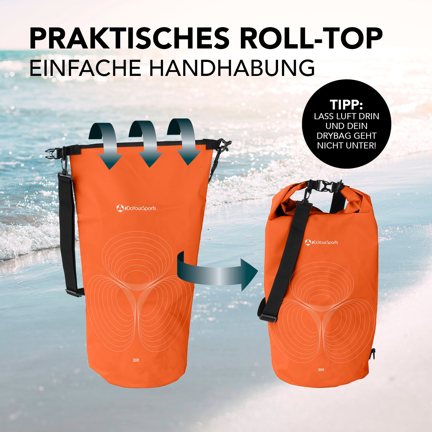 Dry Bag 30L - Orange mit wasserdichtem Rolltop-Verschluss und verstellbarem Schultergurt für Outdoor-Abenteuer.