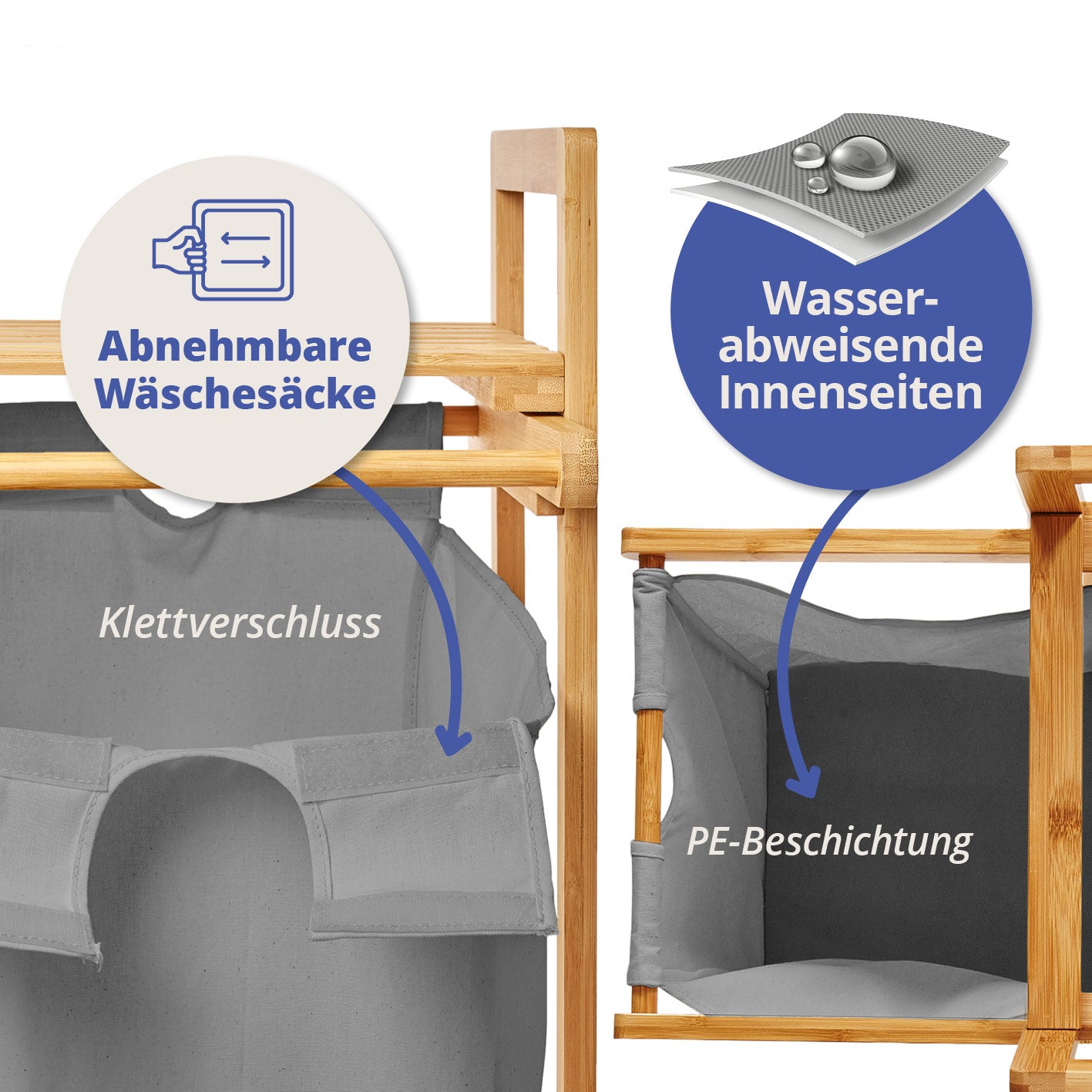 Bambus Wäschekorb mit ausziehbarem Wäschesack - 33 x 33 x 73 cm - Beige mit abnehmbarem Wäschesack und wasserabweisenden Innenseiten.