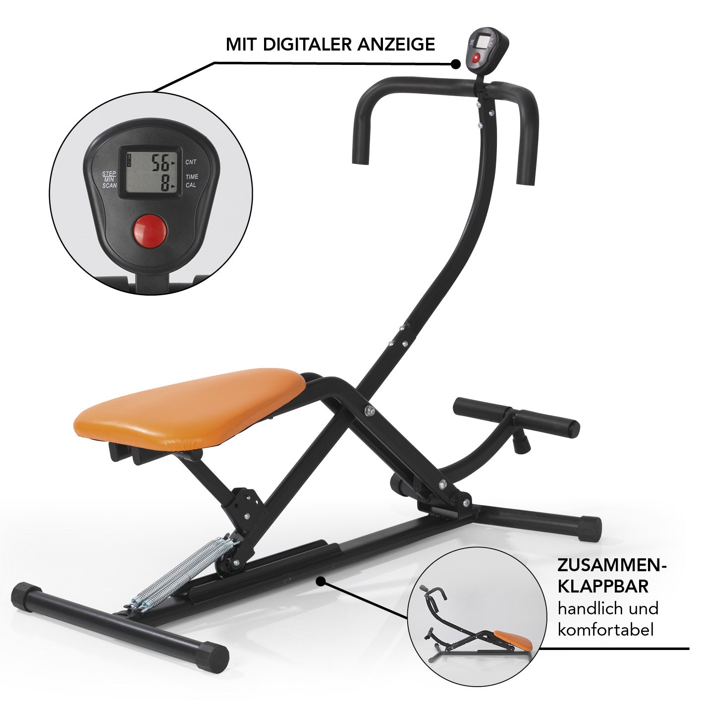 Trainingsgerät Crunch & Glide zur Kräftigung mit Eigengewicht, digitaler Anzeige, zusammenklappbar, ideal für Bauch- und Armmuskeln.