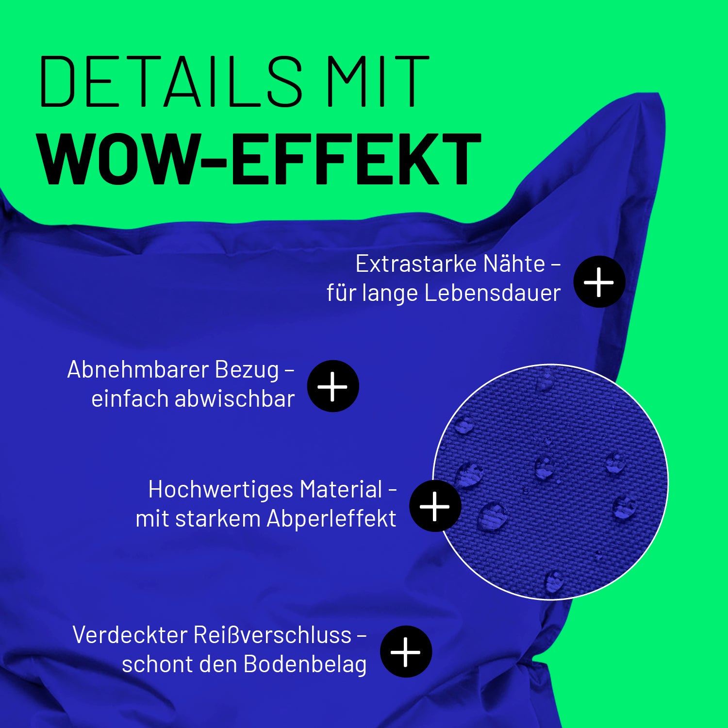 Sitzsack Classic XXL (380 L) in Royalblau mit abnehmbarem Bezug, starken Nähten, Abperleffekt und verdecktem Reißverschluss.