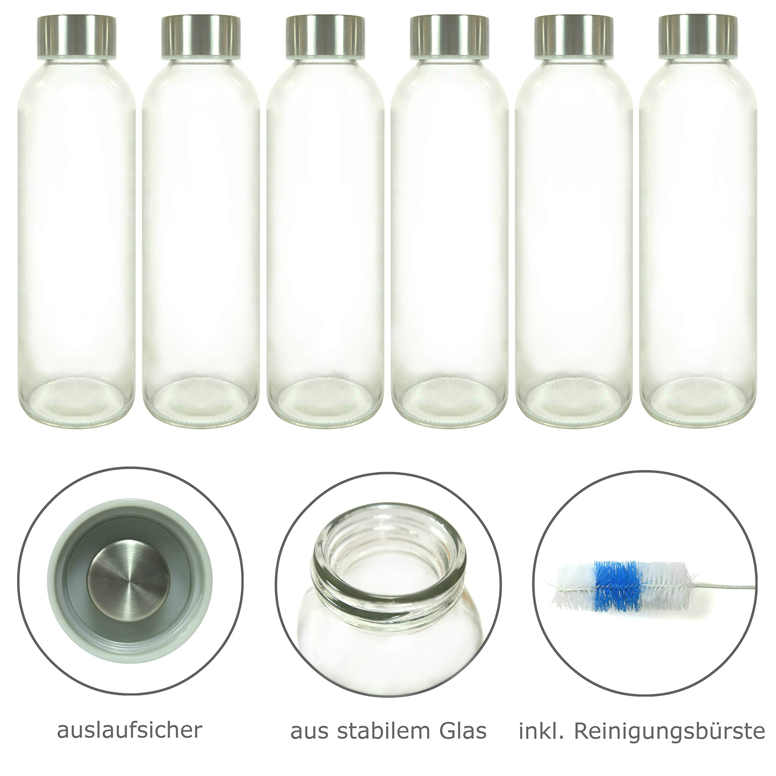Glasflaschen-Set - 6 Stück à 500 ml, stabile Kalk-Natron-Glasflaschen mit Edelstahldeckel und Reinigungsbürste, auslaufsicher und robust.
