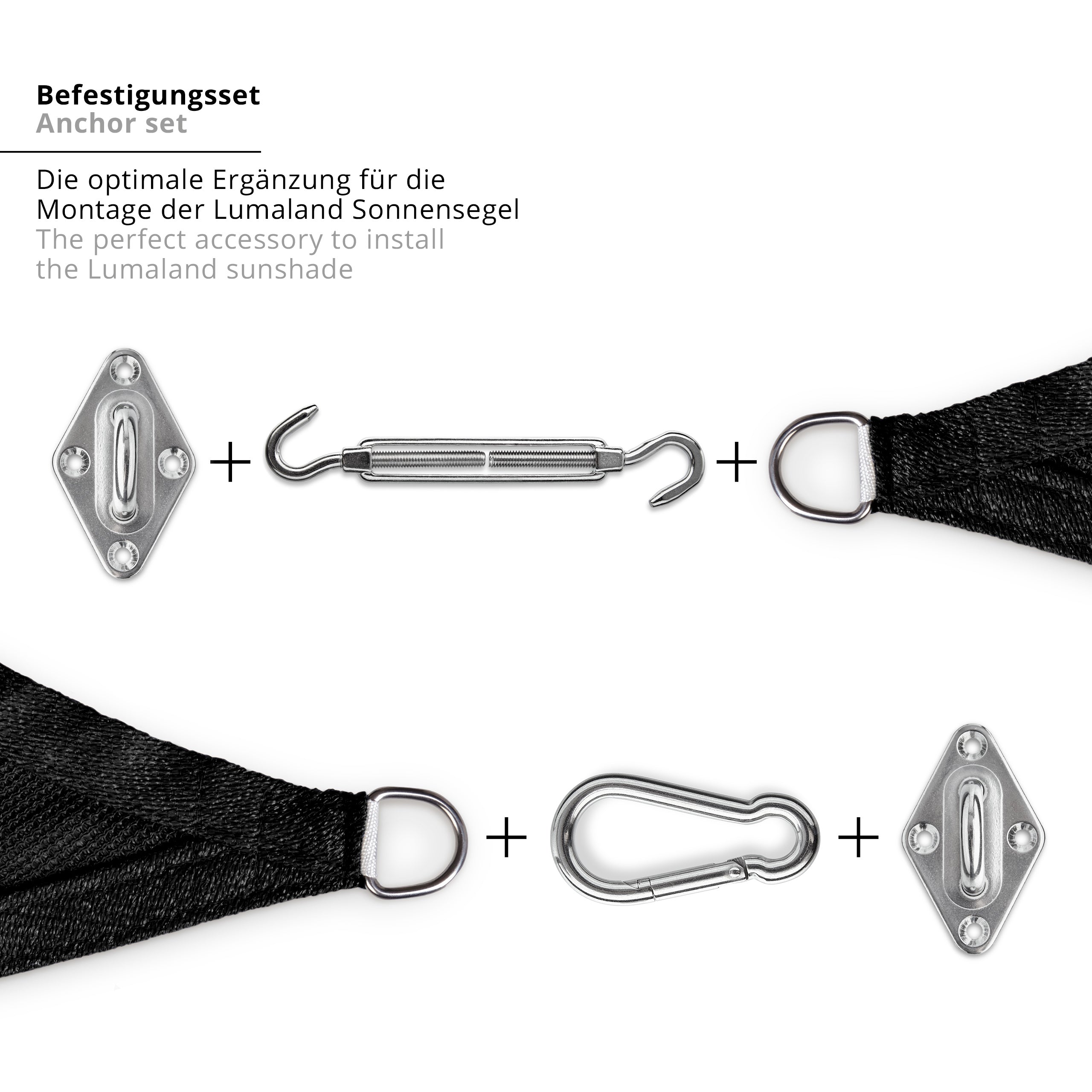 Befestigungsset - Fixierungsset für Sonnensegel aus rostfreiem Edelstahl mit Wandhalterungen, Karabinern und Spannschlössern für sichere Montage.