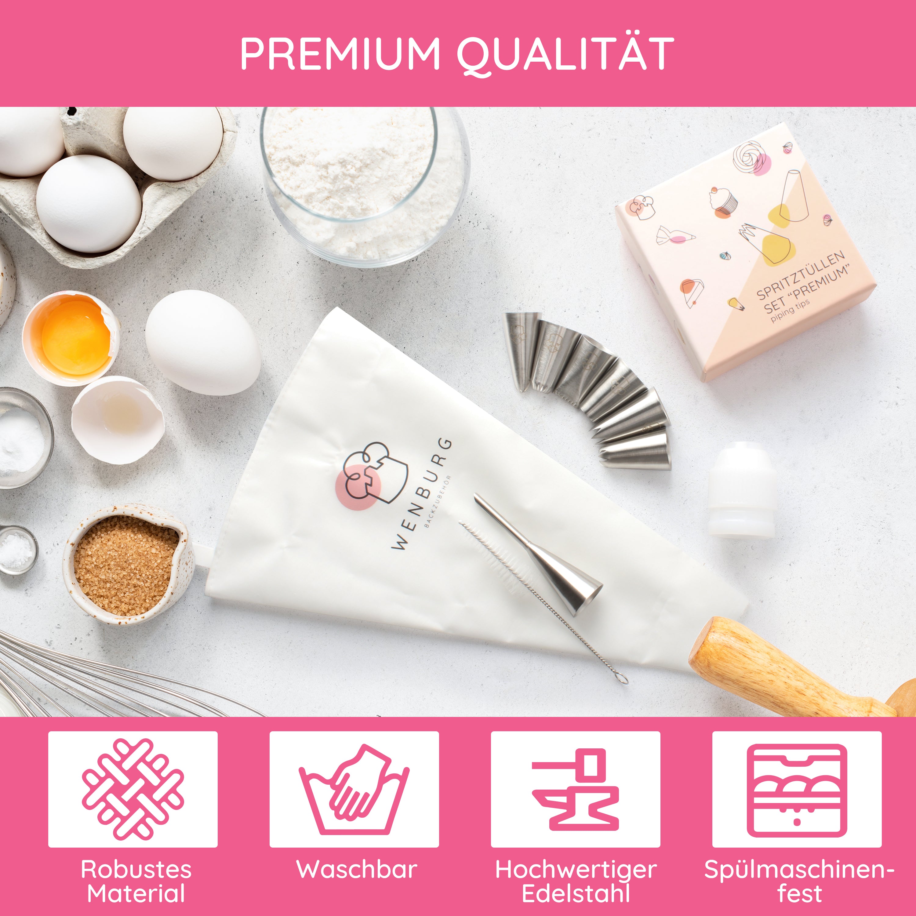 Spritzbeutel mit Tüllen - 12-tlg. Set mit Edelstahl-Tüllen, Baumwollbeutel und Zubehör für kreatives Backen und Dekorieren.