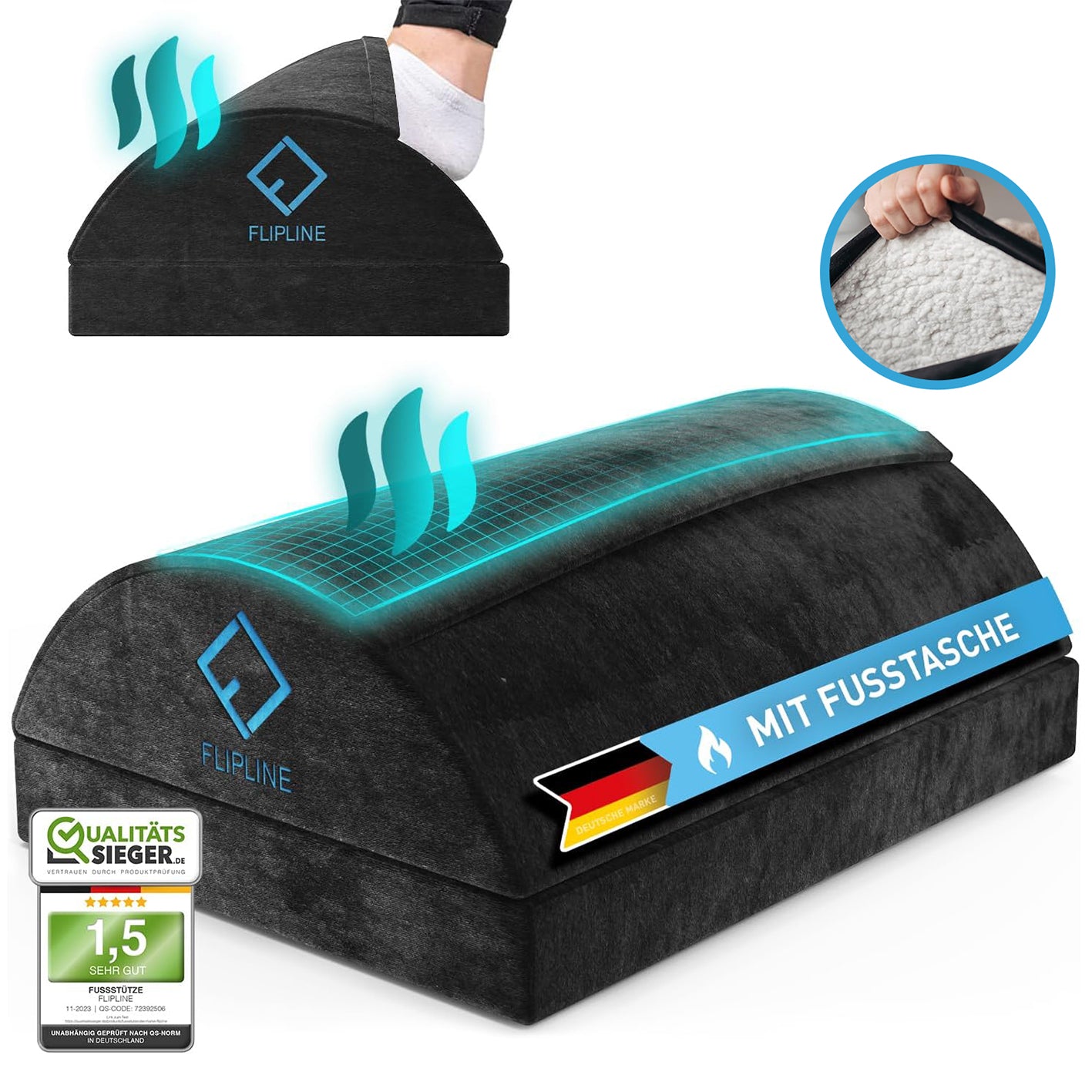 Schreibtisch-Fußstütze mit Fußtasche - Schwarz, ergonomisch, höhenverstellbar, mit samtigem Bezug für warme und entspannte Füße.