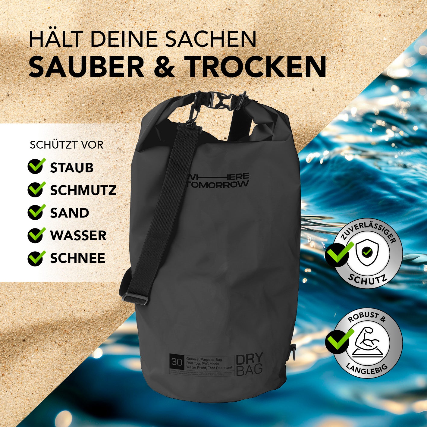 Dry Bag 30L - Style 01 - Schwarz, wasserdichter und robuster Outdoor-Rucksack mit UV-Schutz und Rolltop-Verschluss.