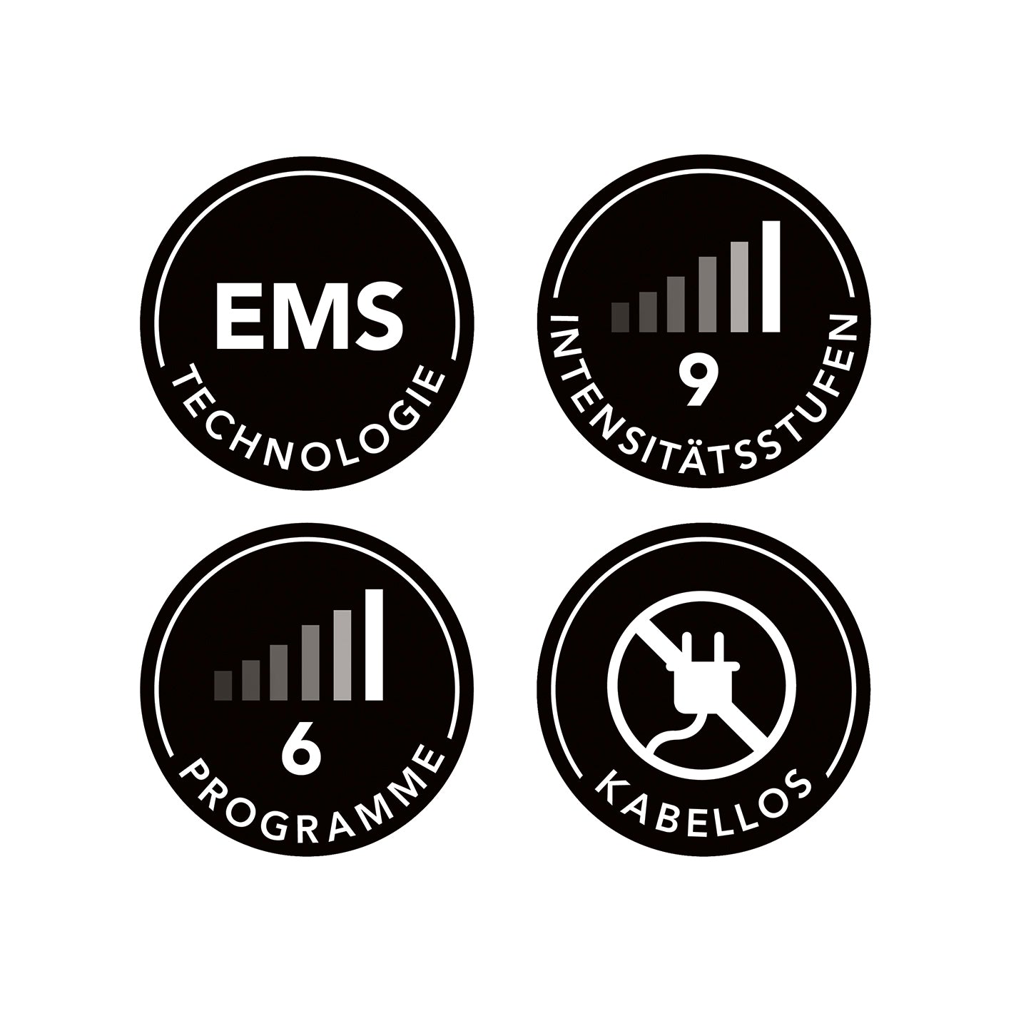 Bauchmuskelgürtel EMS - 6 Programmen - 9 Intensitätsstufen - unisize - schwarz mit kabelloser EMS-Technologie und 6 Programmen.