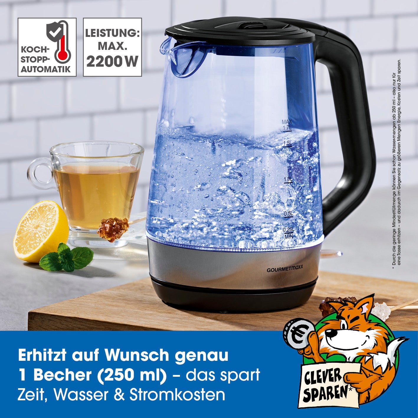Glas-Wasserkocher - 1,7l mit Wasserstandsanzeige, kabellosem Behälter und Kochstopp-Automatik bis 2200W Leistung.