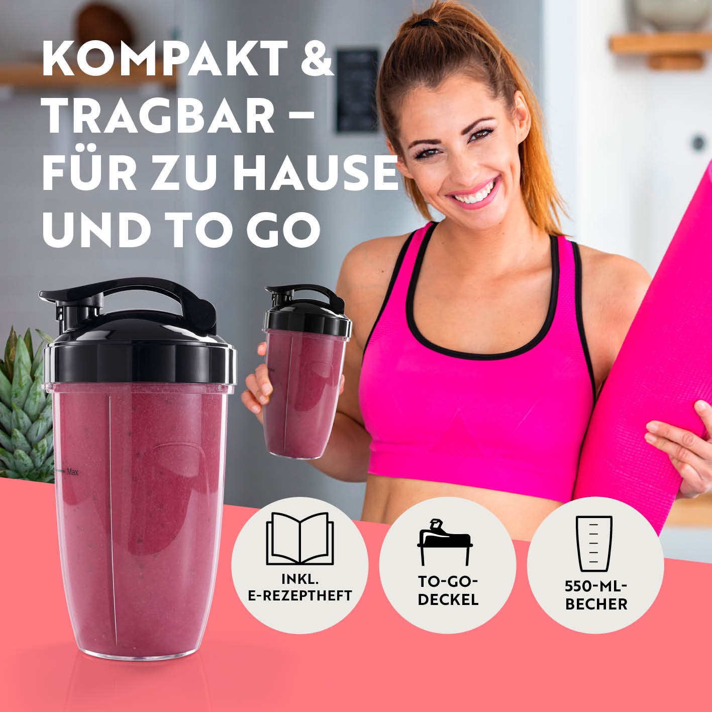 Nutrition Mixer Pro 1.000 mit Zubehörset L - Anthrazit/Schwarz, kompakt, mobil, mit To-go-Bechern und E-Rezeptheft.