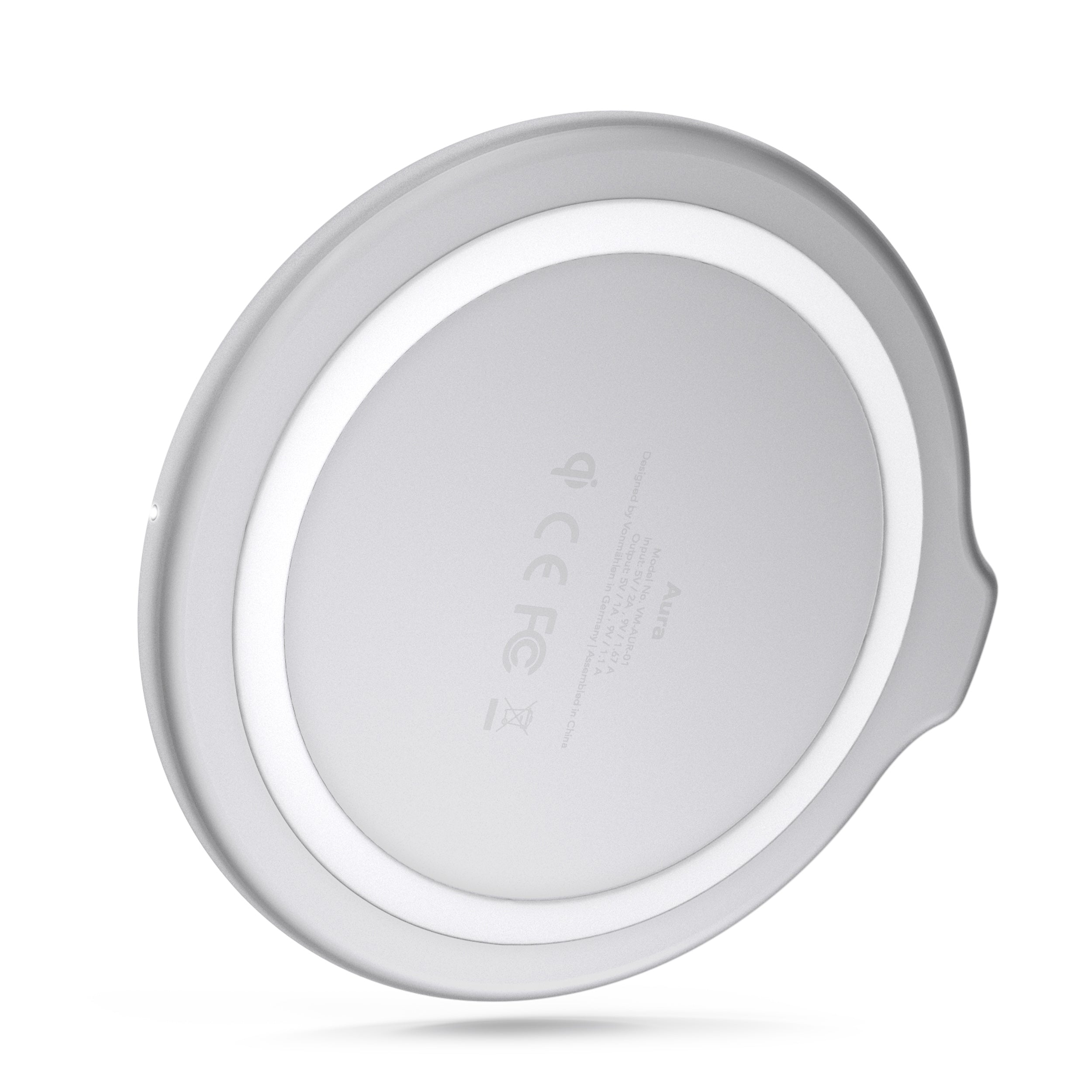 Wireless Ladegerät Aura lite 15W in Silber mit automatischer Fremdkörpererkennung und Schutzfunktionen für kabelloses Laden.