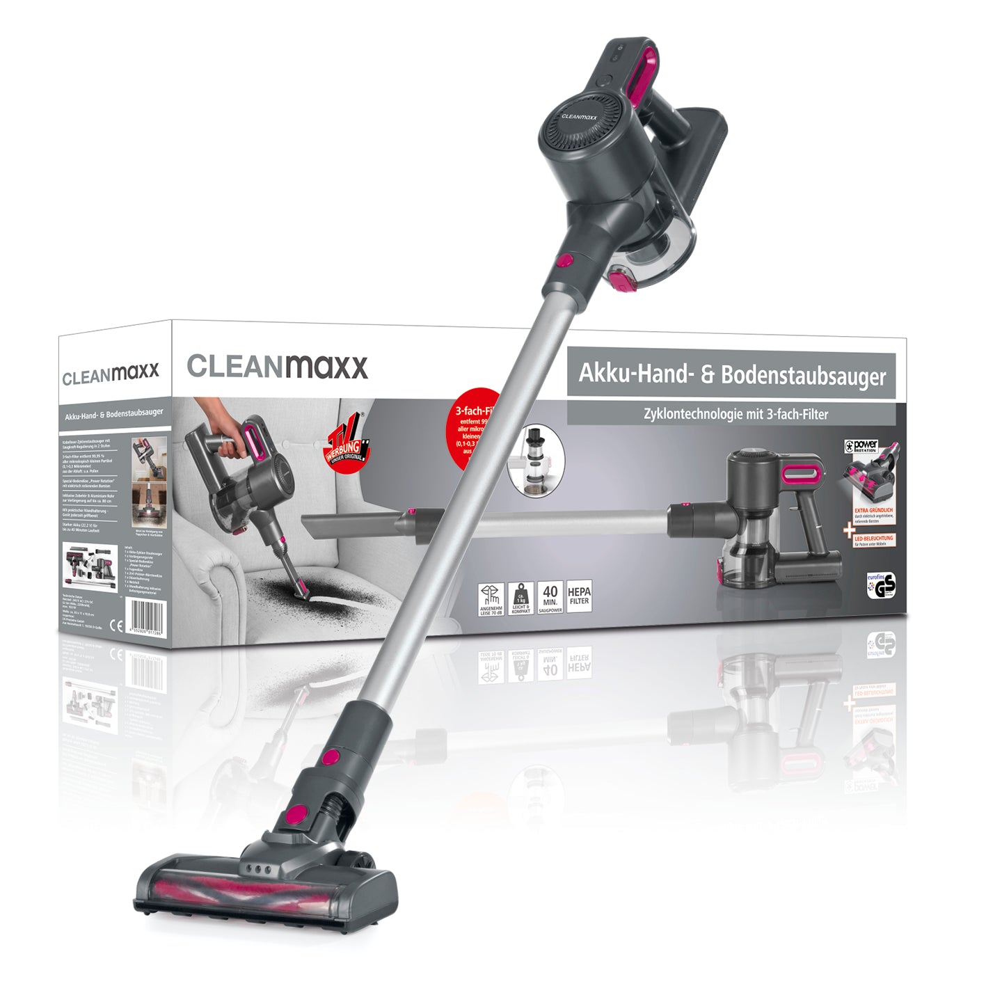 Akku-Zyklon-Staubsauger - anthrazit/pink mit 3-fach-Filter, starker Akku und Power Rotation Bodendüse, kabellos für bis zu 40 Min. Laufzeit.