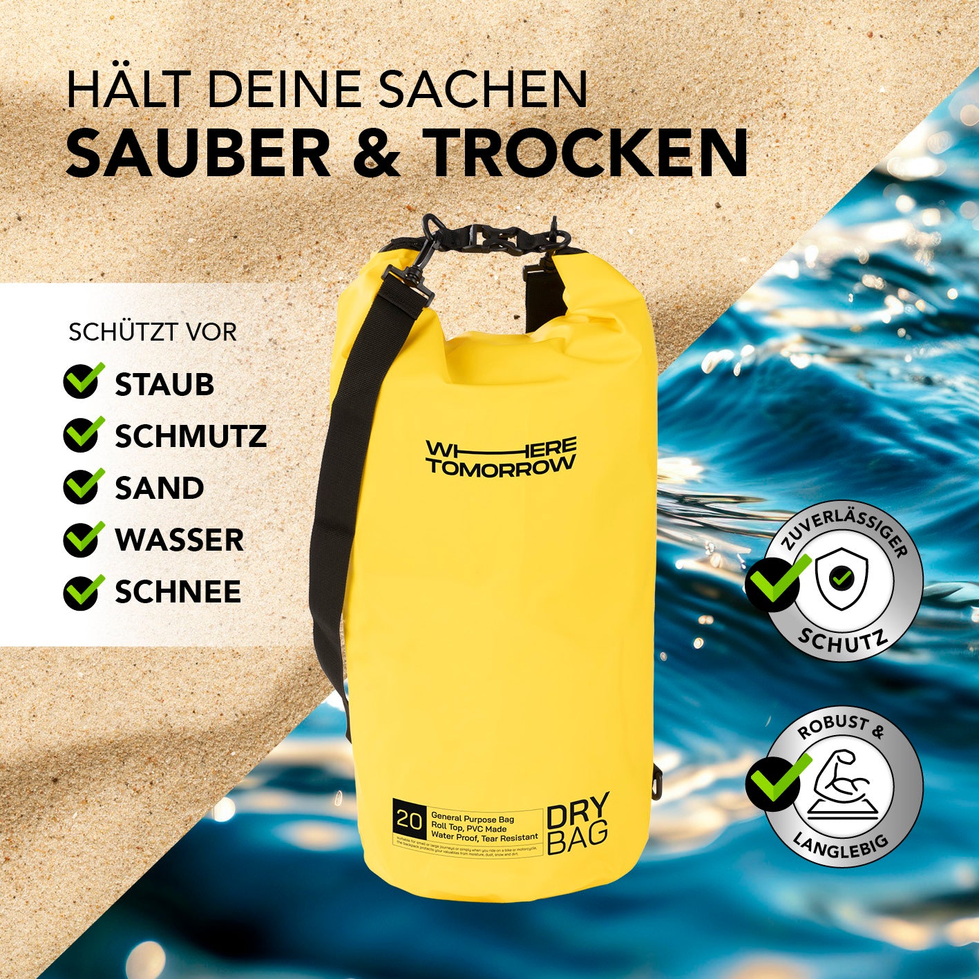Dry Bag 20L - Style 01 - Gelb wasserdichter, robuster Outdoor-Rucksack mit Rolltop-Verschluss zum Schutz vor Staub, Schmutz, Sand, Wasser und Schnee.