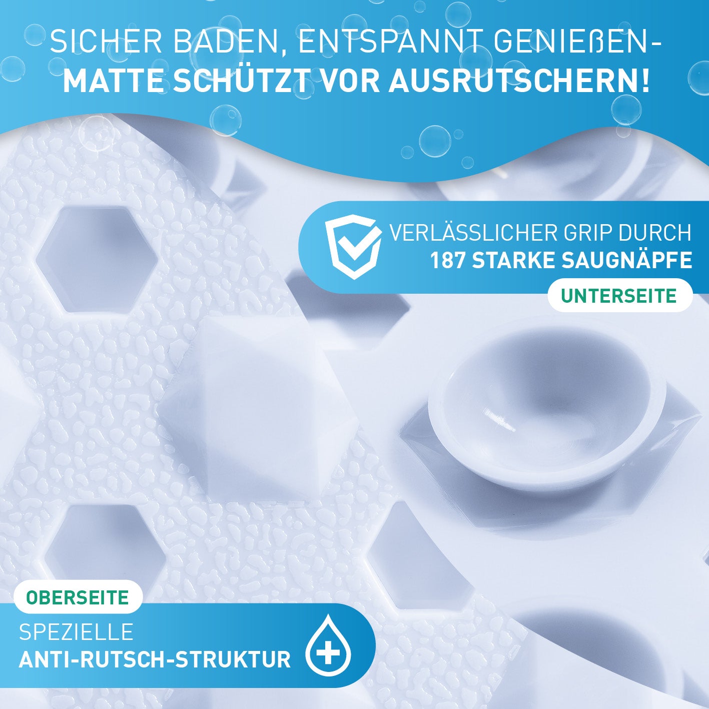 Badewannenmatte 88 x 40 cm – Weiß mit spezieller Anti-Rutsch-Struktur und 187 starken Saugnäpfen für sicheren Halt und Schutz vor Ausrutschen.