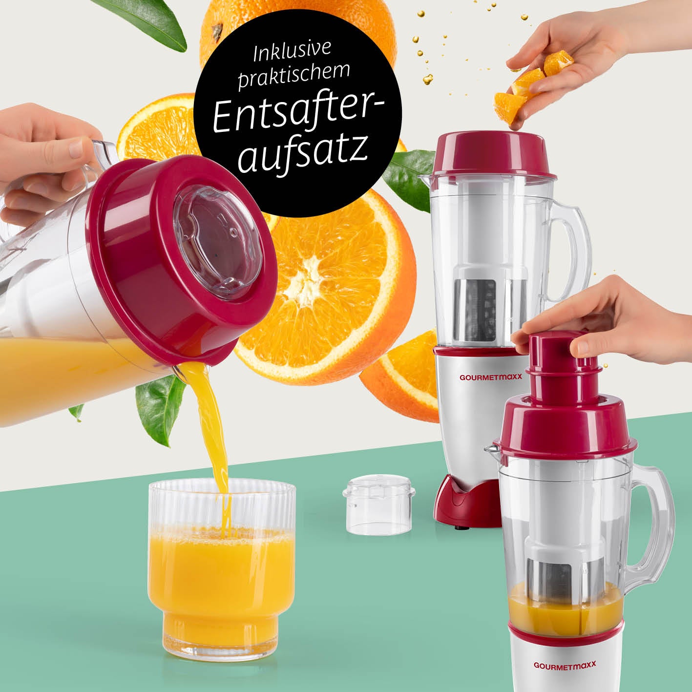 Mr. Magic Power 400 Pro mit Zubehörset XL - Silber/Rot mit praktischem Entsafteraufsatz für frische Säfte und einfache Handhabung.