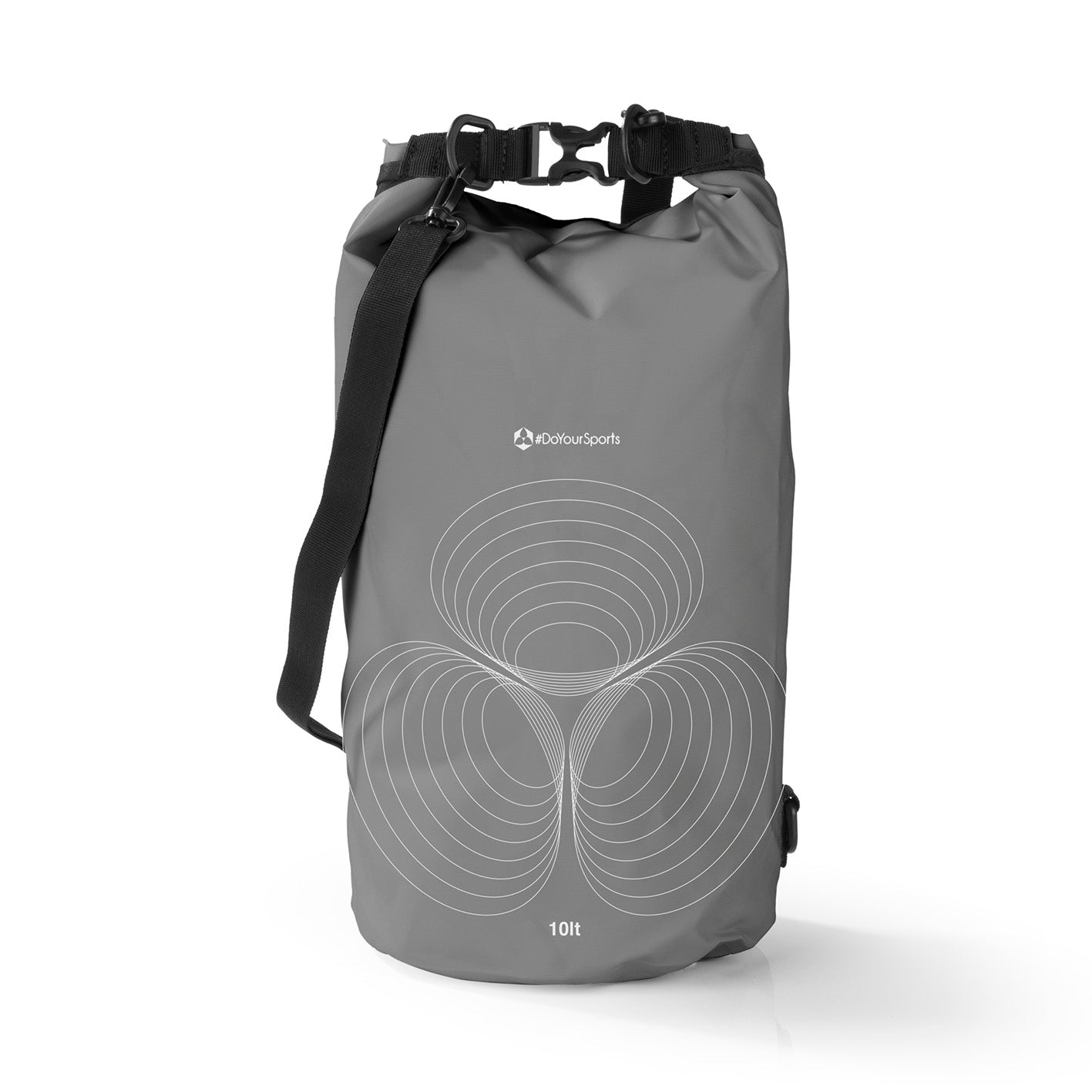 Dry Bag 10L - Grau, wasserdichter und robuster Outdoor-Rucksack mit verstellbarem Schultergurt und Rolltop-Verschluss.