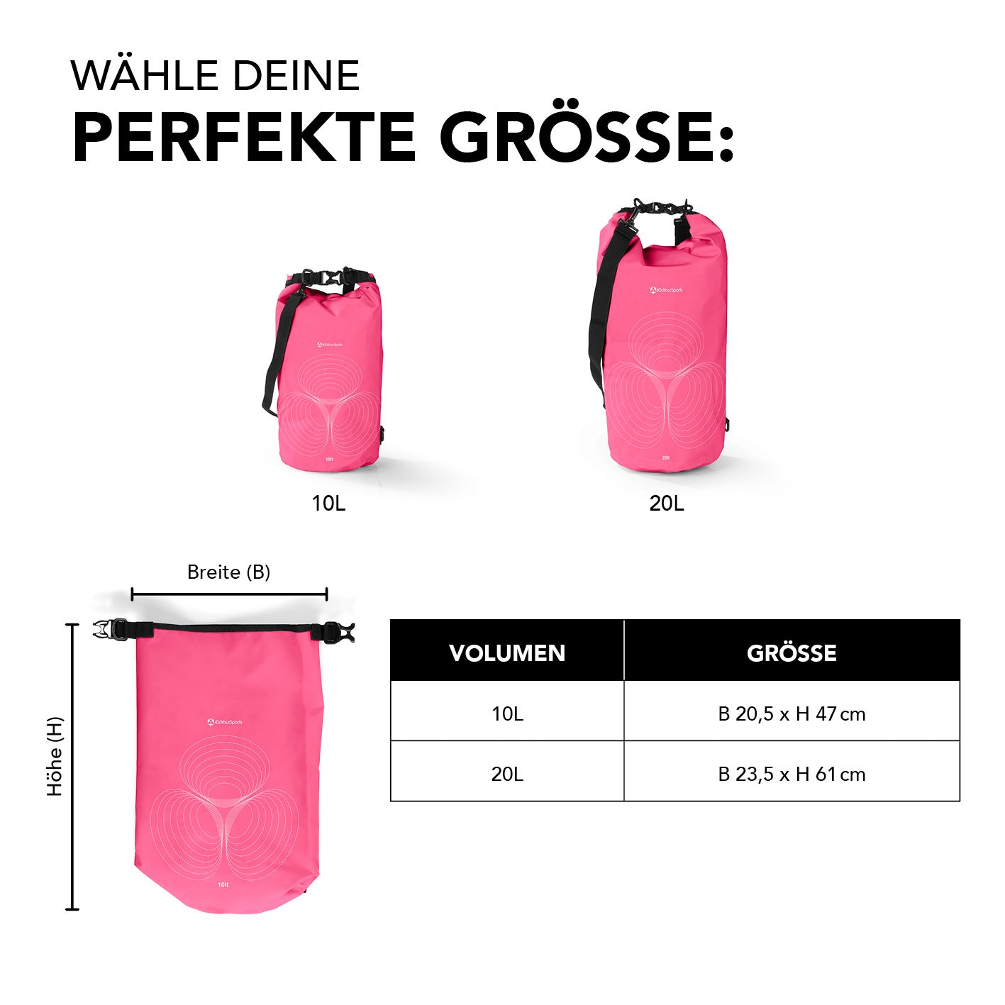 Dry Bag 20L - Pink, robuster wasserdichter Rucksack mit UV-Schutz und verstellbarem Schultergurt für Outdoor-Abenteuer.