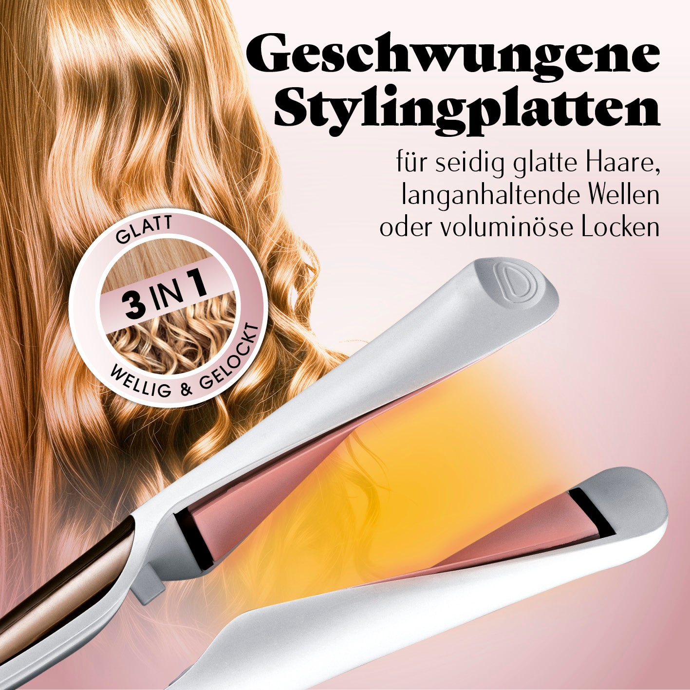 Profi Hair-Styler 3 in 1 für glattes, welliges und gelocktes Haar mit geschwungenen Stylingplatten und langanhaltendem Effekt.