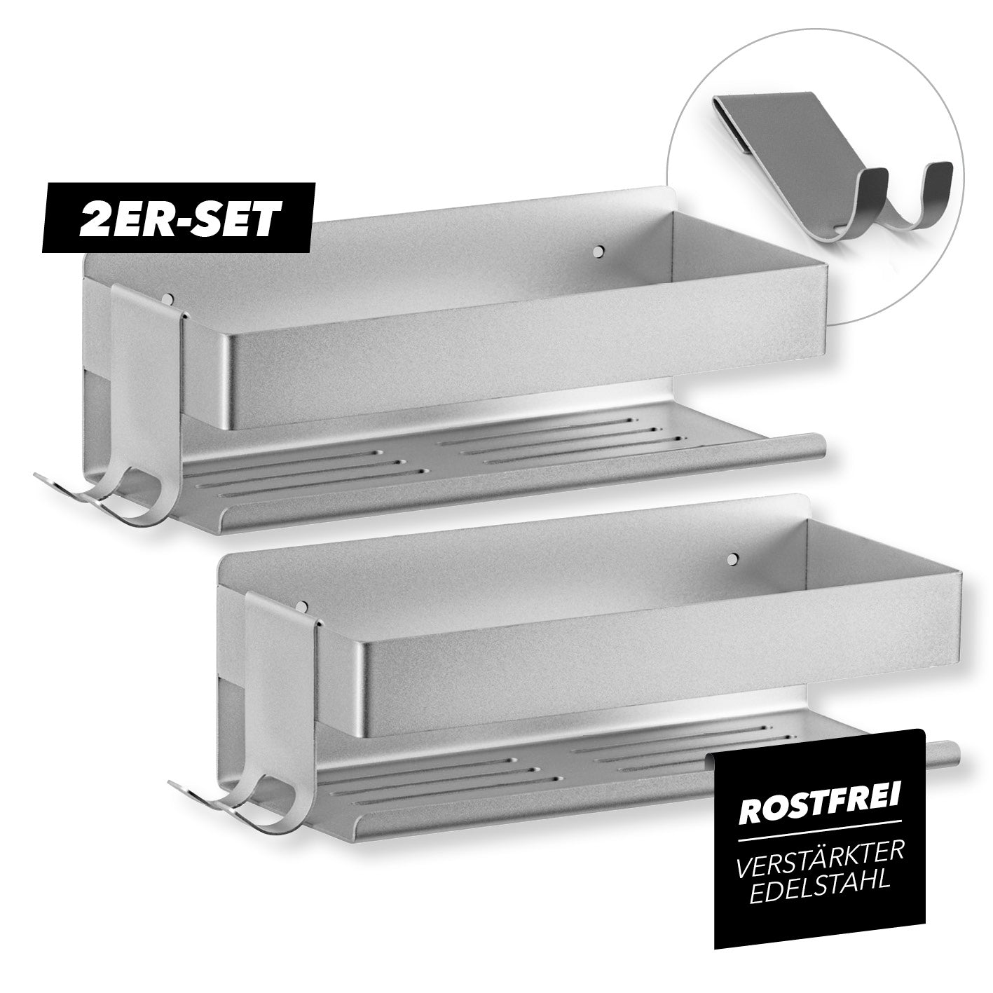 Dusch-Organizer zum Kleben oder Bohren - 2er-Set - Silber aus rostfreiem Edelstahl mit Hakenleiste und Wasserrillen für Dusche.