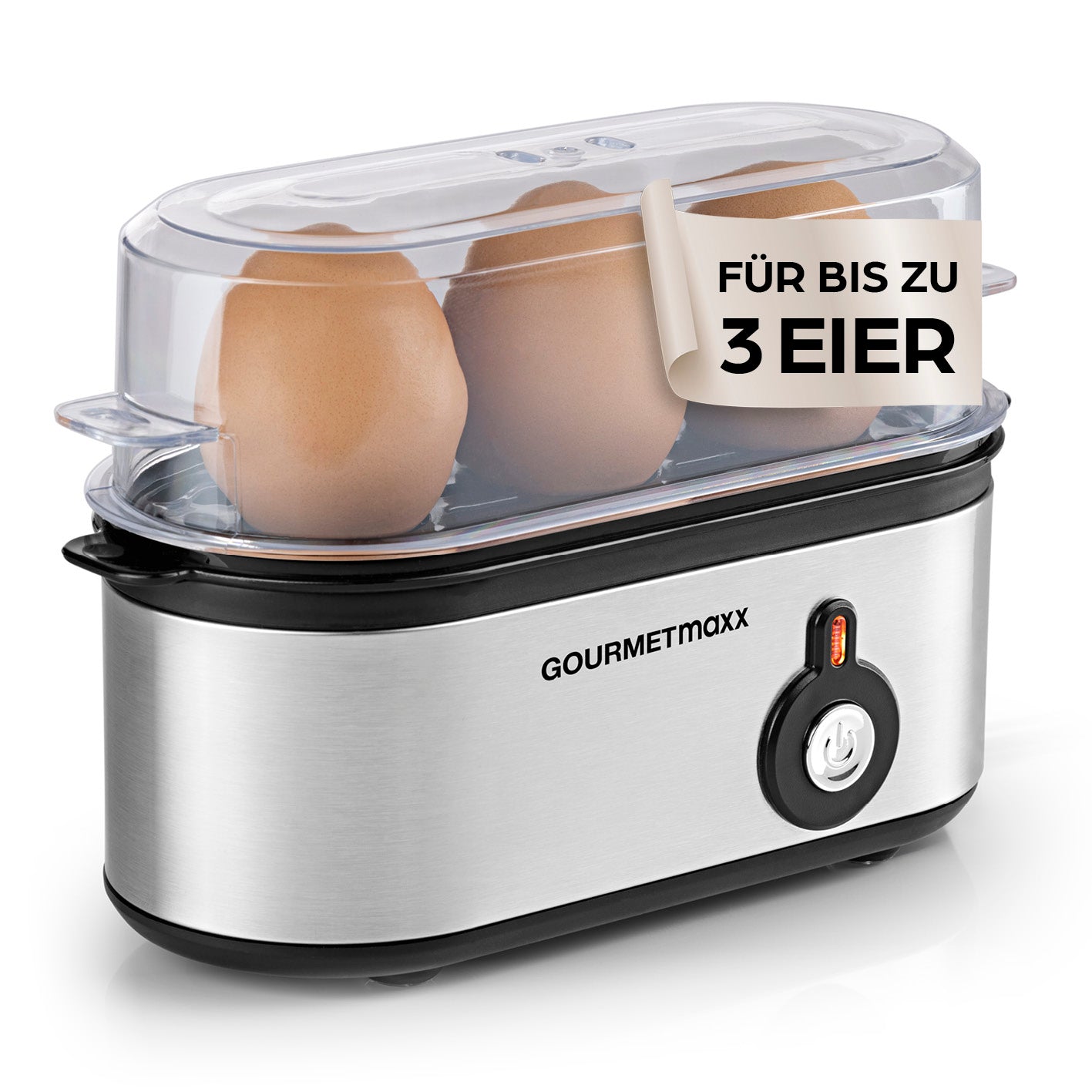 Design-Eierkocher 3 Eier - Edelstahl mit praktisch transparentem Deckel, ideal für schnelles und platzsparendes Eierkochen zu Hause oder unterwegs.